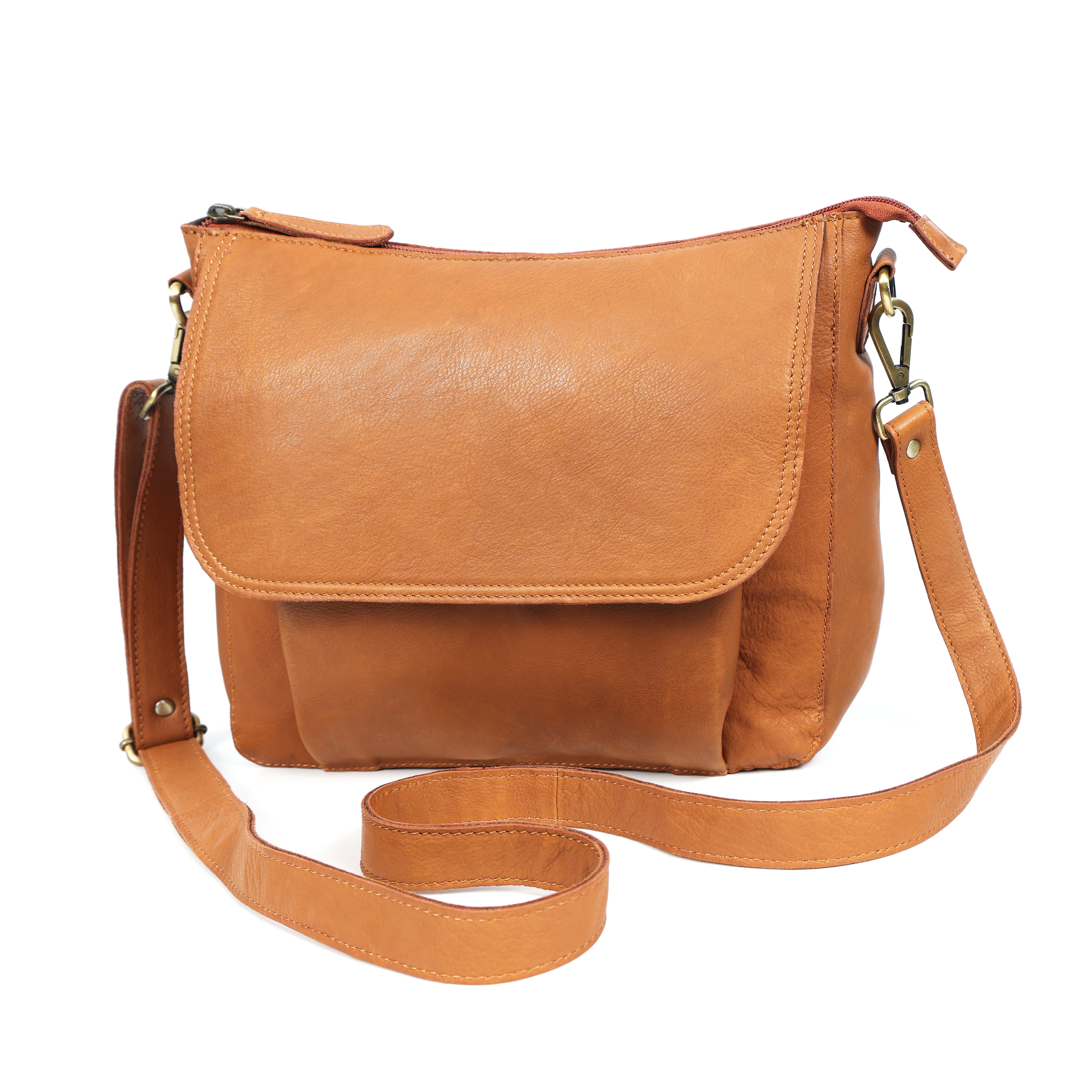 Premium Tan Leather Crossbody Messenger Bag with Multiple Zip Pockets & Adjustable Strap