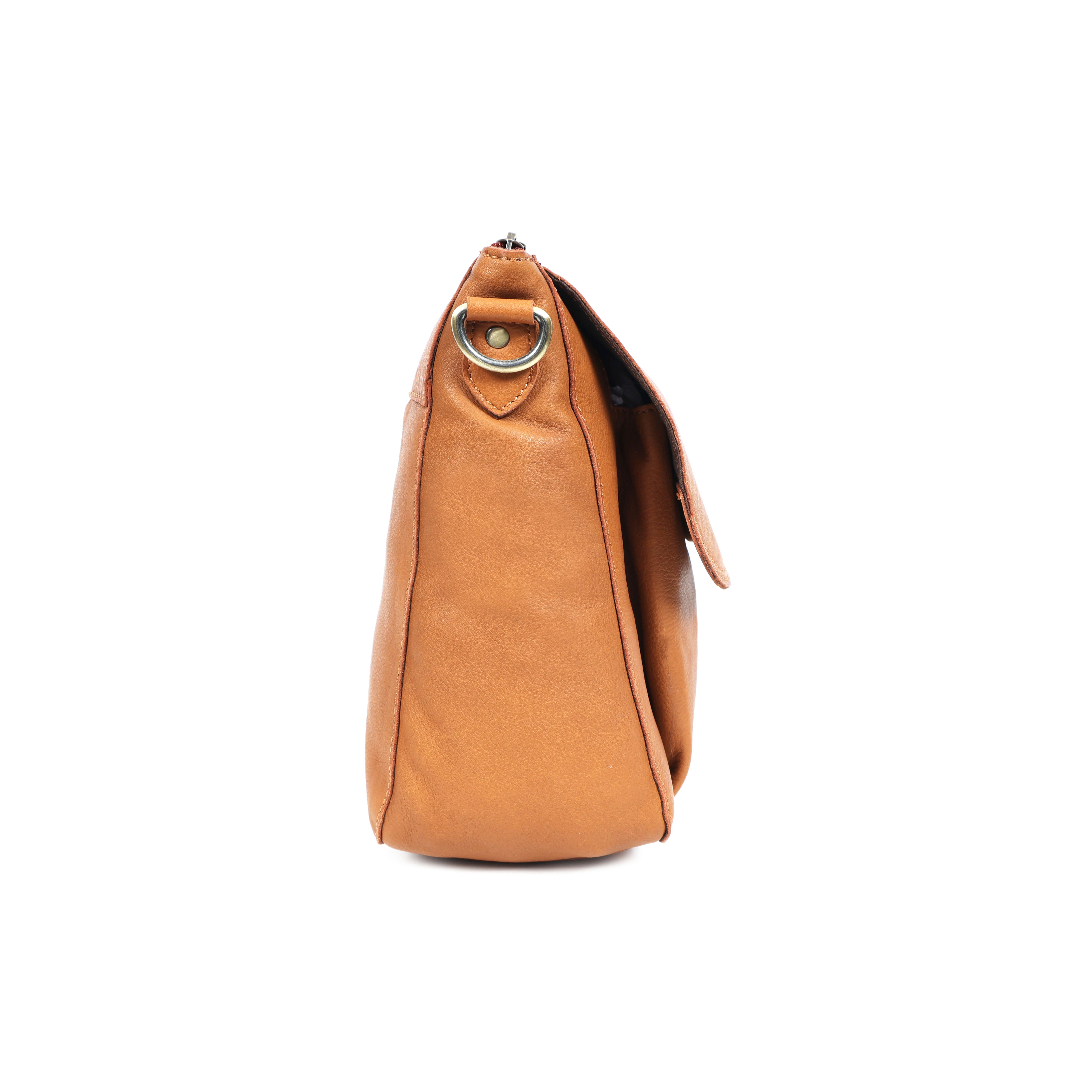 Premium Tan Leather Crossbody Messenger Bag with Multiple Zip Pockets & Adjustable Strap