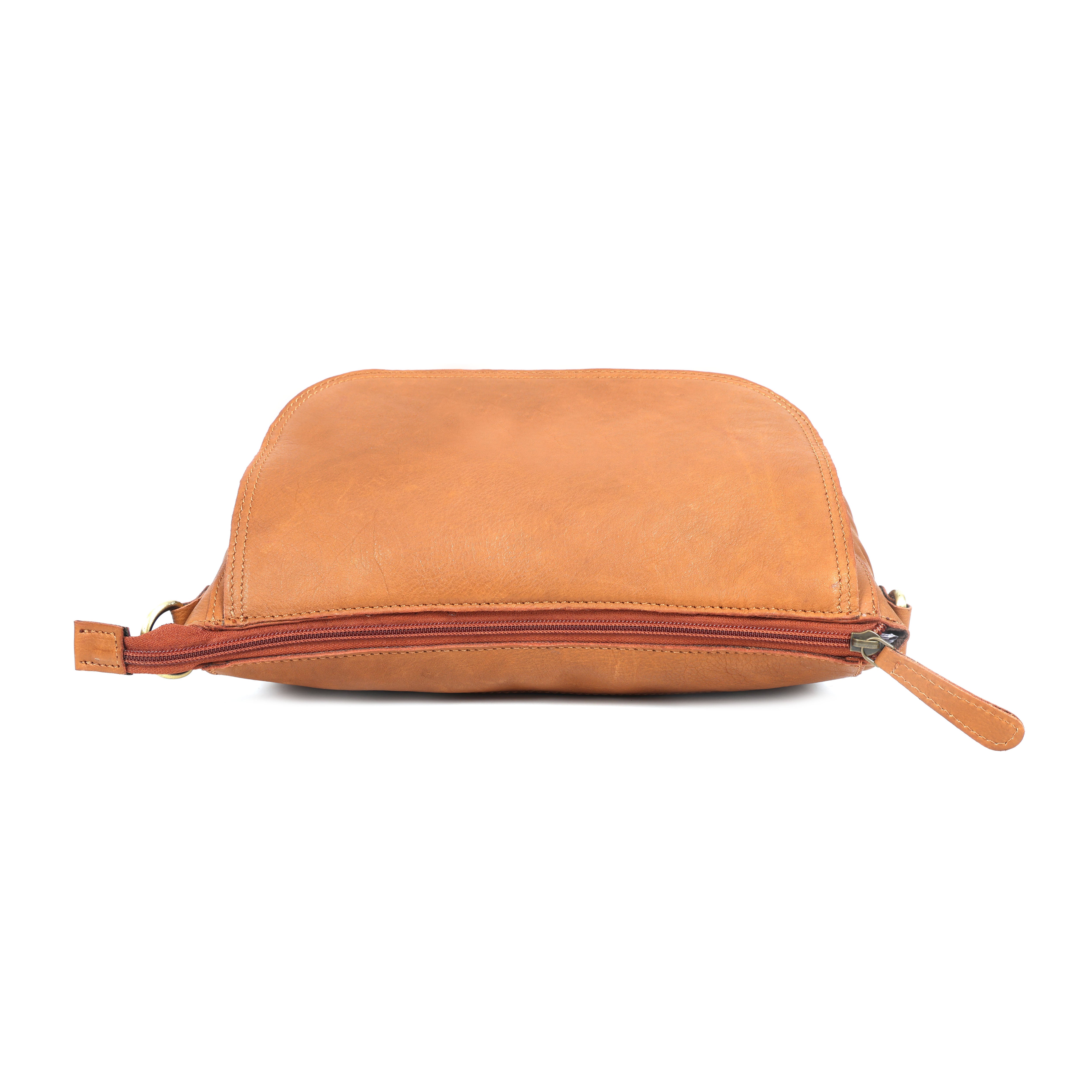 Premium Tan Leather Crossbody Messenger Bag with Multiple Zip Pockets & Adjustable Strap