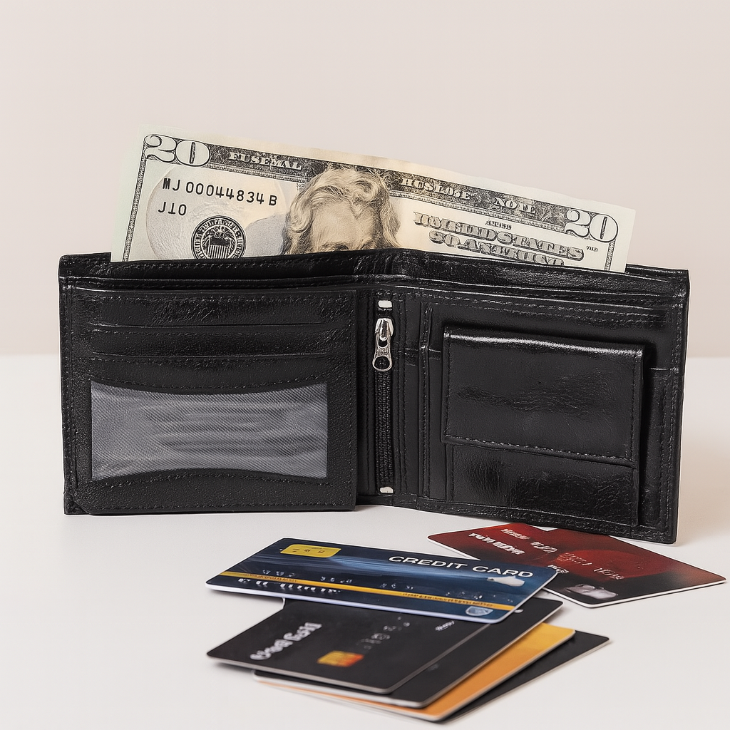 Premium Genuine Leather Bi-Fold Wallet with Zip Coin Pocket & Card Slots
