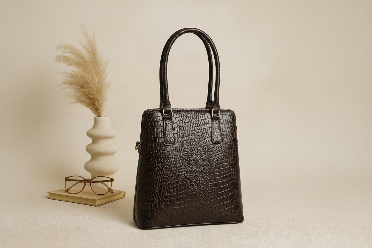 Premium Croc-Embossed Leather Tote Bag with Zip Closure & Detachable Shoulder Strap