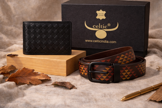 Premium Leather Style Combo | Braided Wallet & Printed Belt
