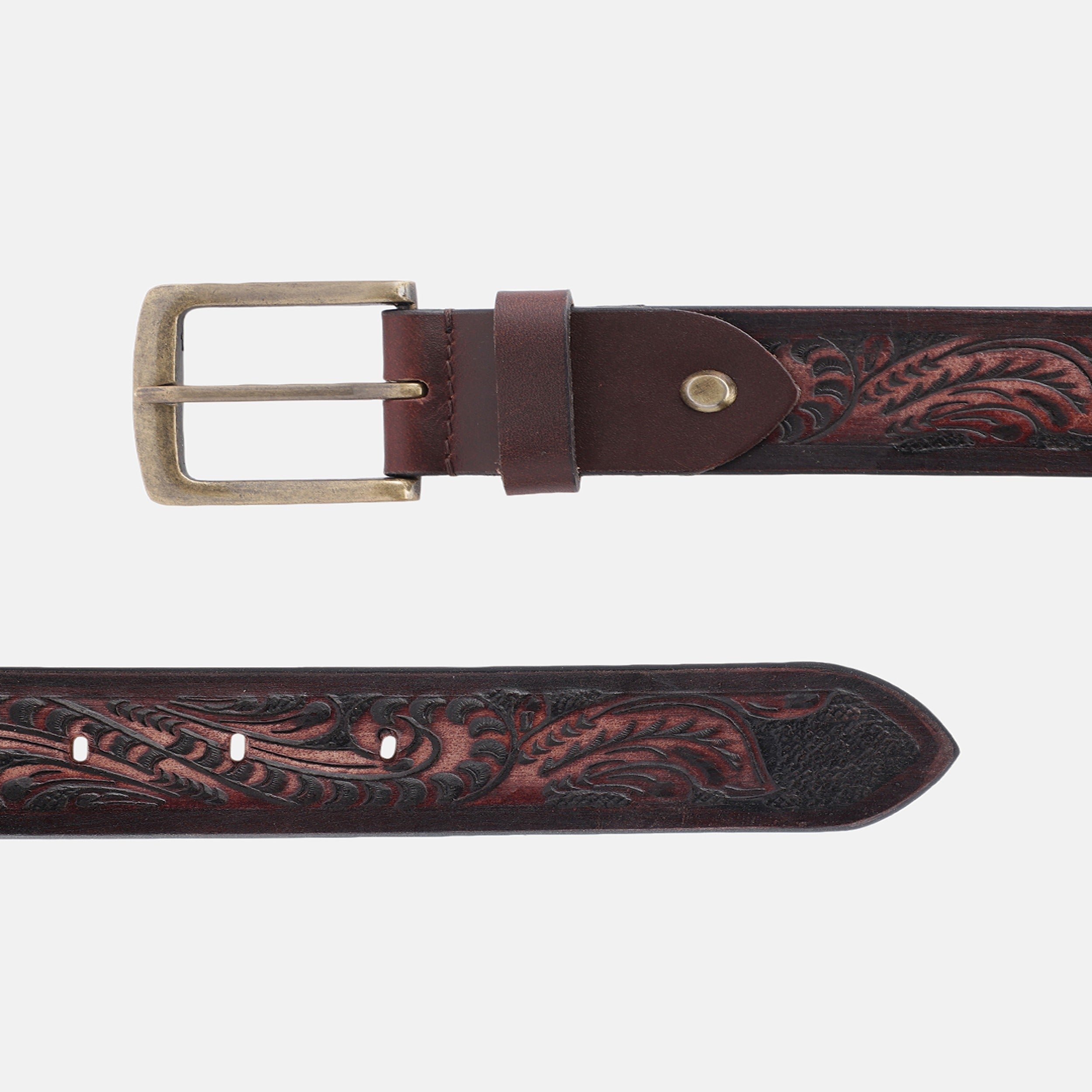 Unisex Handcrafted Embossed Leather Belt Vintage Floral Design Solid Buckle Stylish Wear