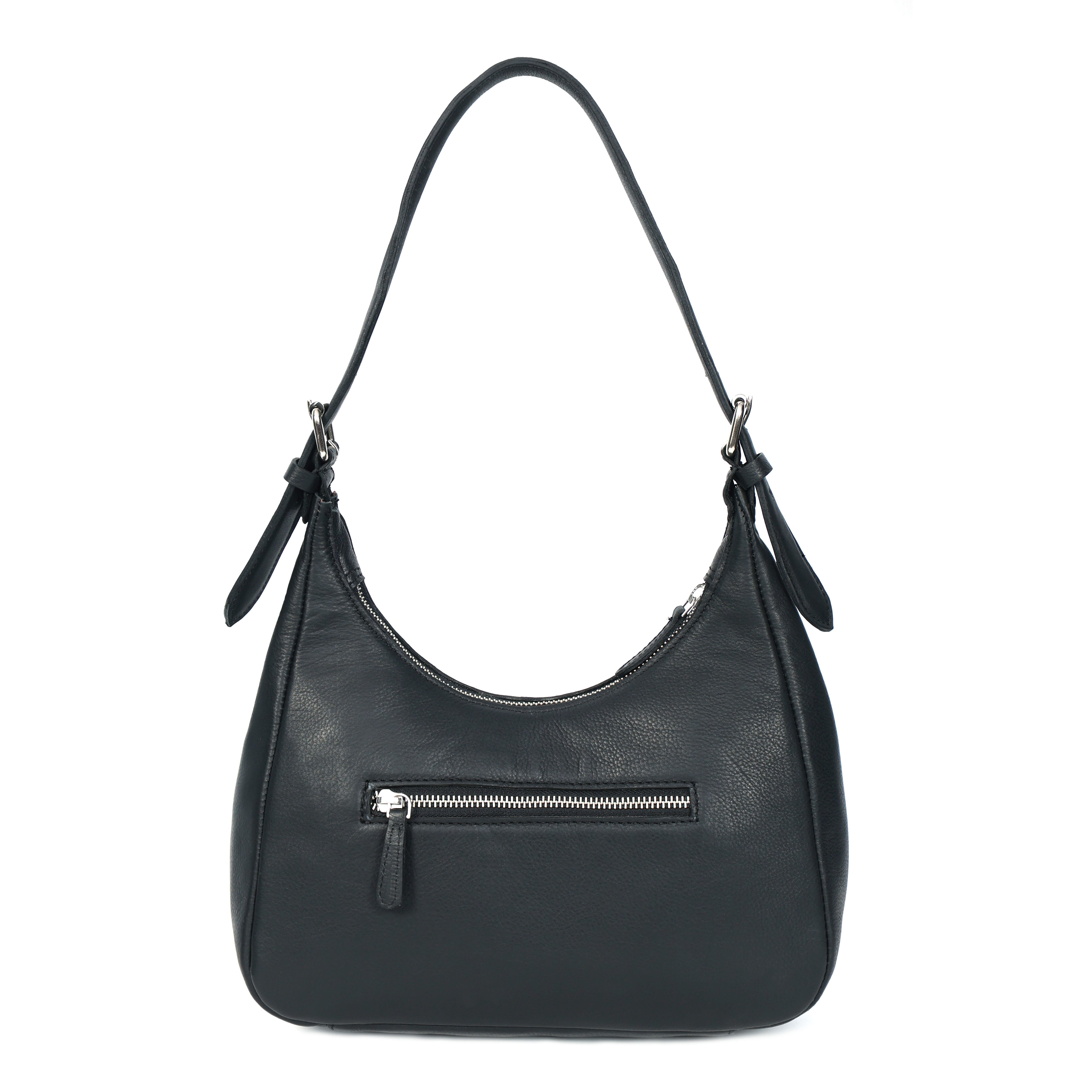 Premium Black Leather Shoulder Bag with Adjustable Strap & Secure Zip Pockets