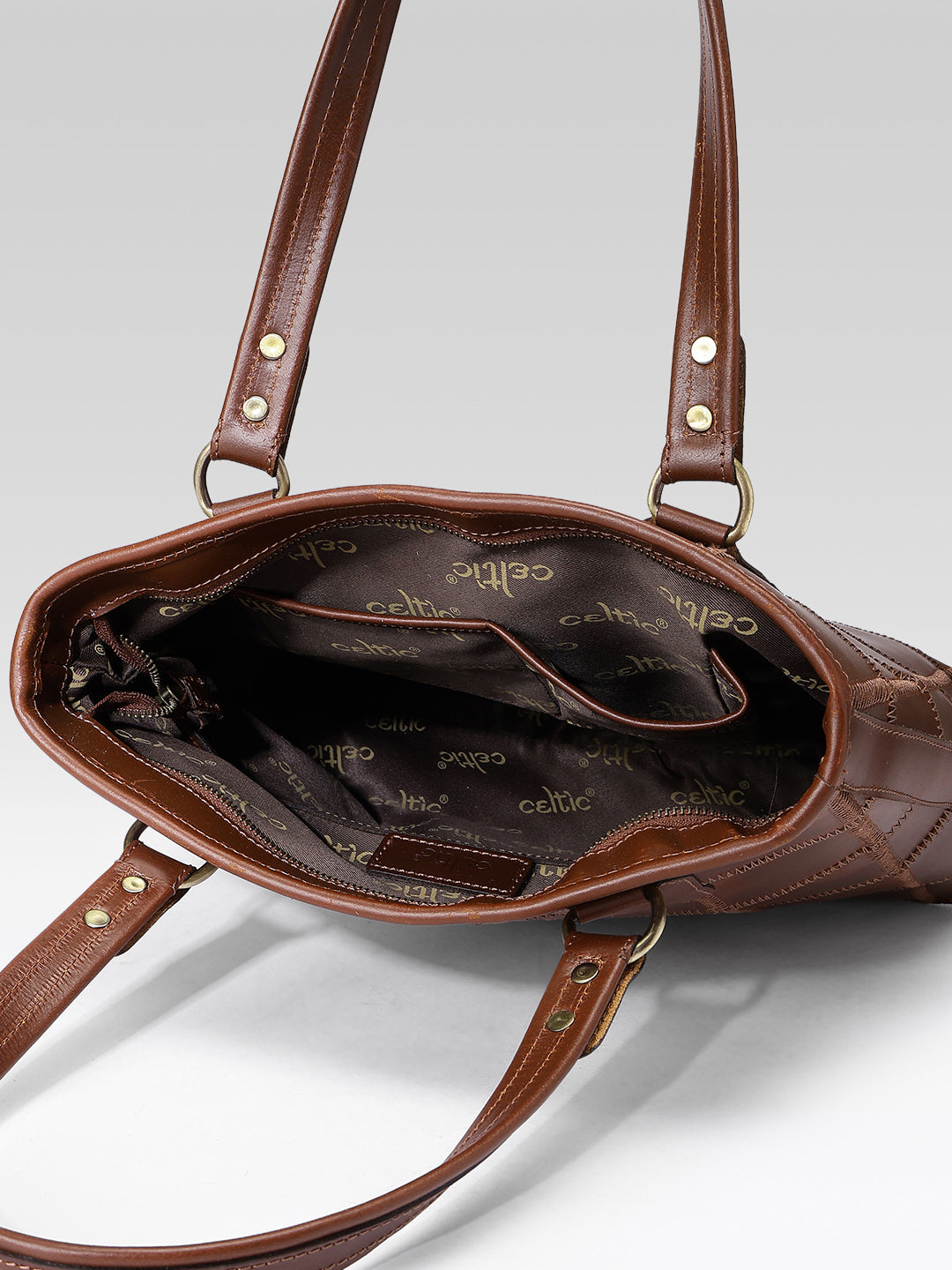 Genuine Leather Brown Tote Bag with Patchwork Design and Top Zip Closure