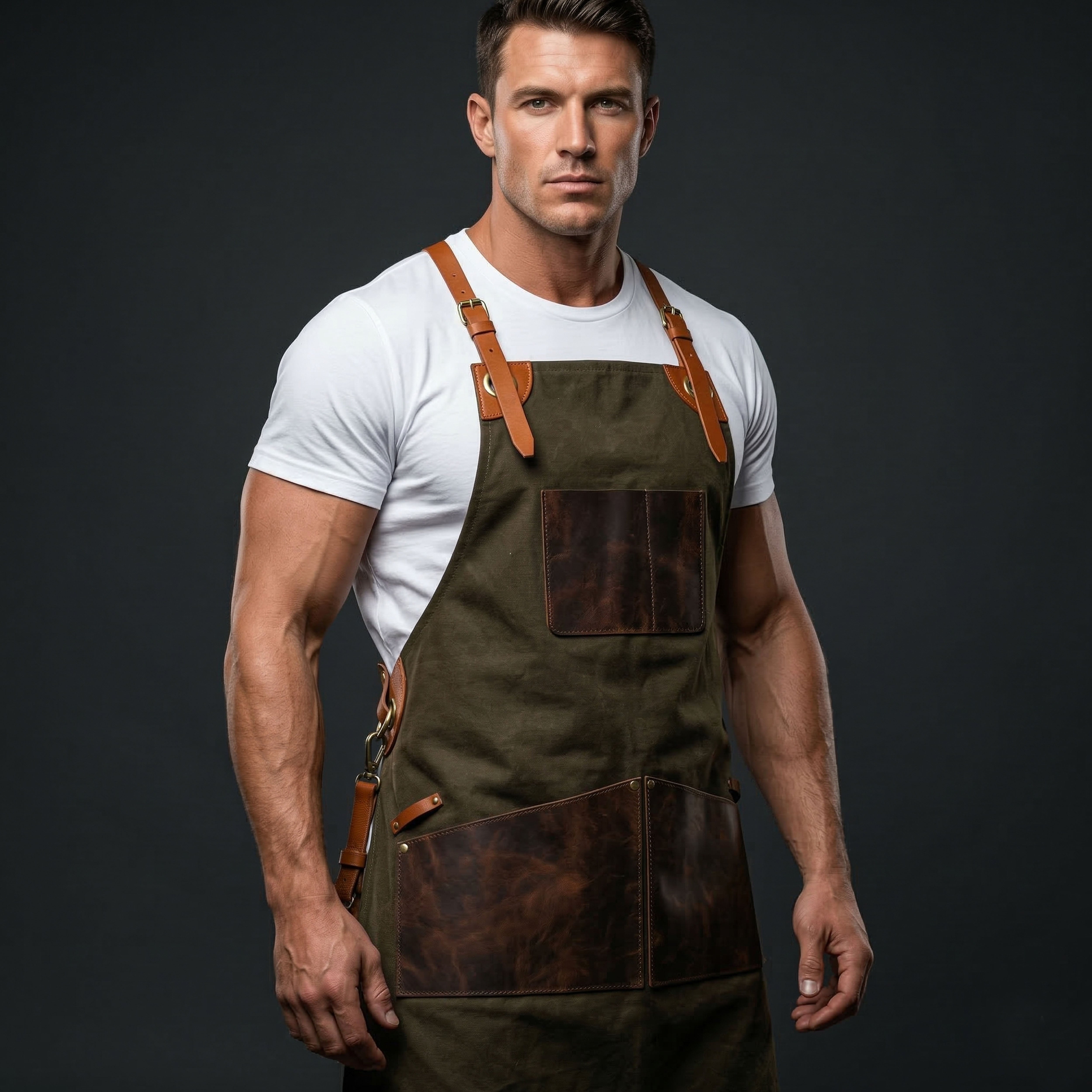 Premium Genuine Leather & Canvas Bib Apron – Brown & Green Buckle Design