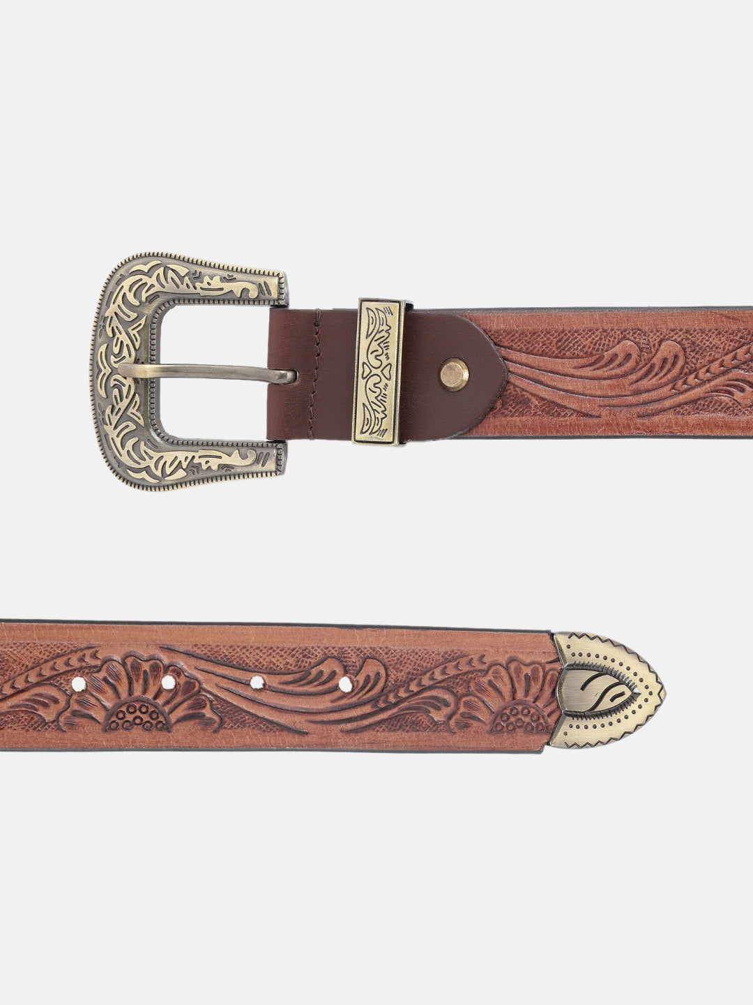 Genuine Leather Embossed  Western Waist Accessory Ornate Buckle Tip