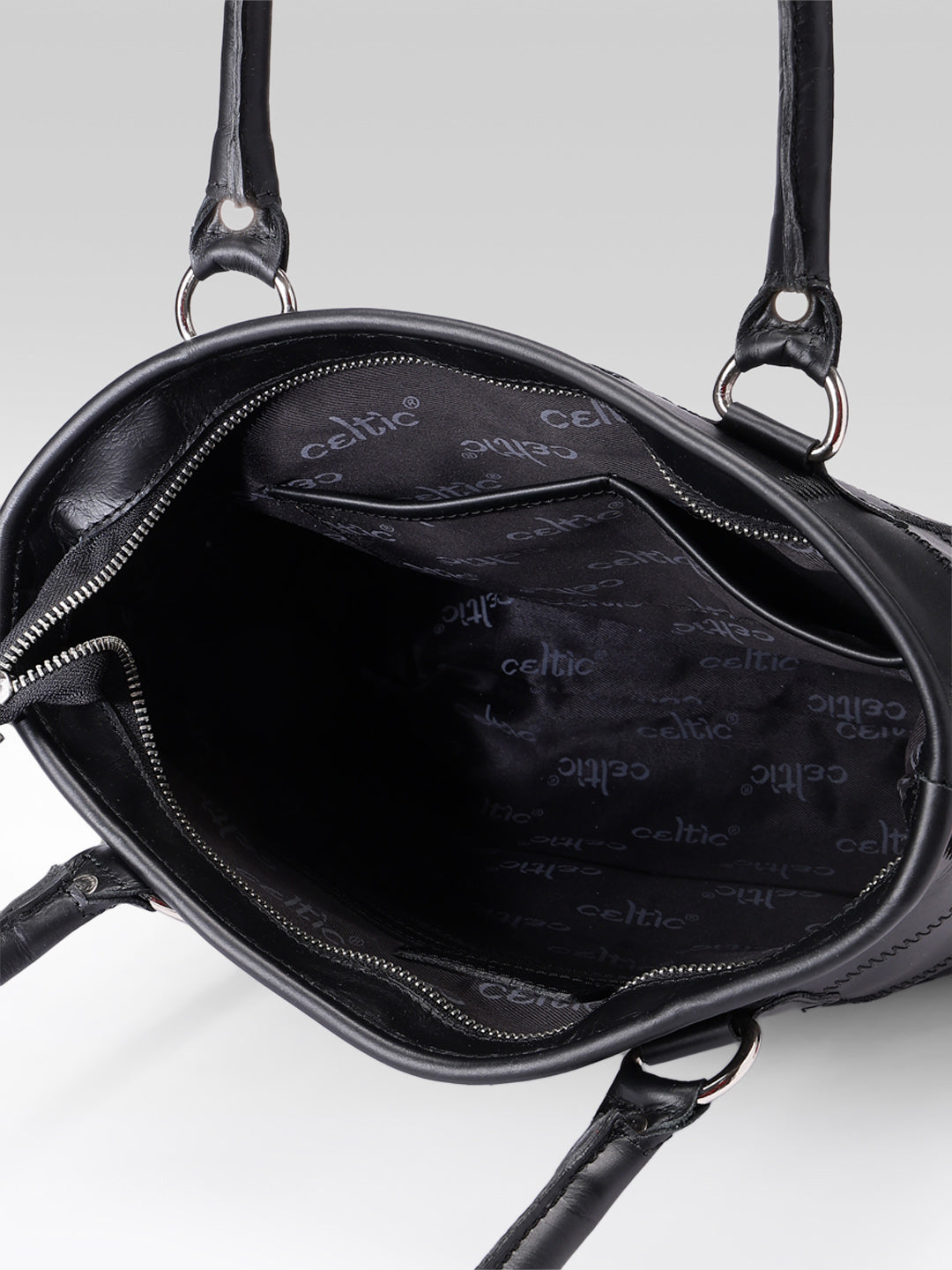 Women Black Leather Tote Bag with Patchwork Design and Spacious Interior