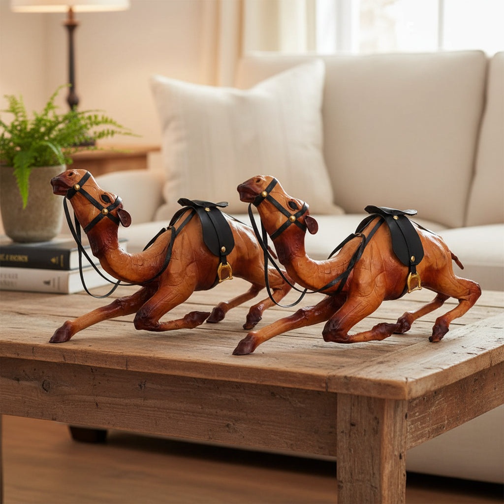 Premium Leather Camel 2 Set Combo Showpiece – Unique Sitting Camel Figurine for Home & Office Decor | Traditional Handicraft Gift Item