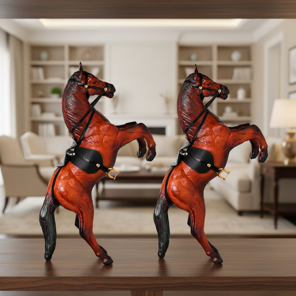 Premium Rearing Leather Horse Set of 2 Showpiece Combo – Exquisite Handicraft Decor Figurine for Home Office and Gift | Vintage Animal Sculpture