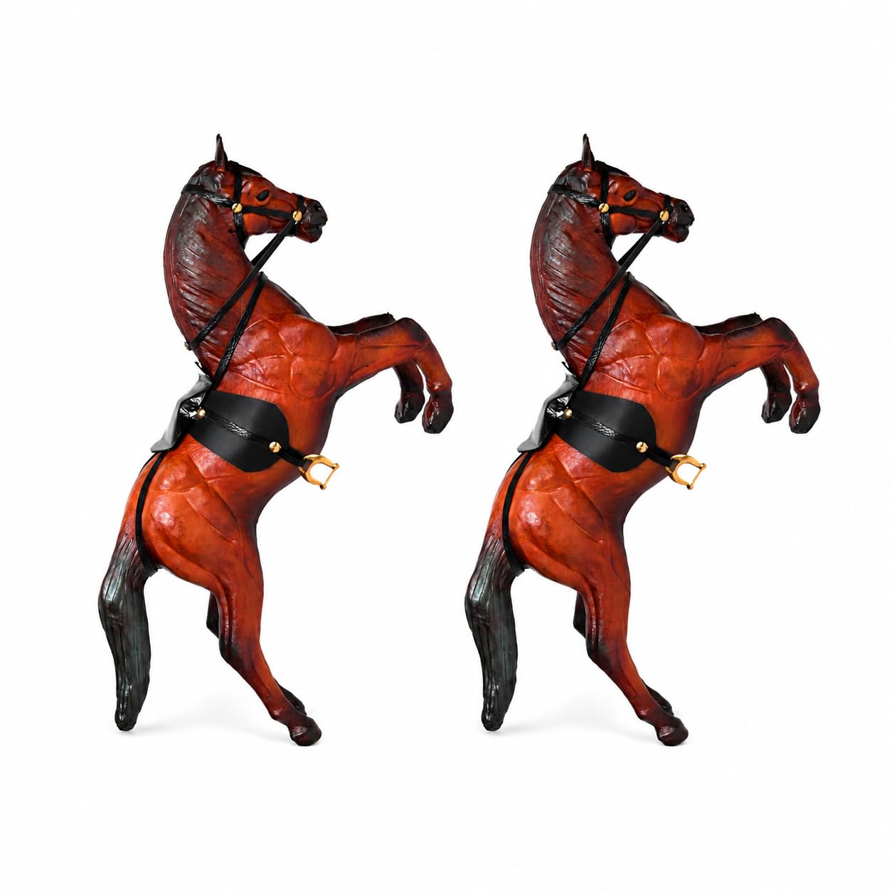 Premium Rearing Leather Horse Set of 2 Showpiece Combo – Exquisite Handicraft Decor Figurine for Home Office and Gift | Vintage Animal Sculpture