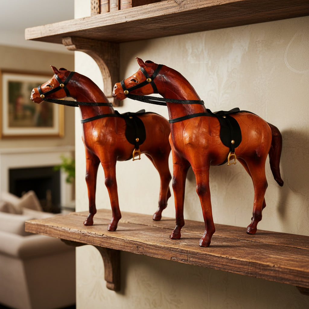 Premium Standing Leather Set of 2 Horses Showpiece – Elegant Home Decor Figurine | Vintage Animal Sculpture for Living Room, Office & Gifting