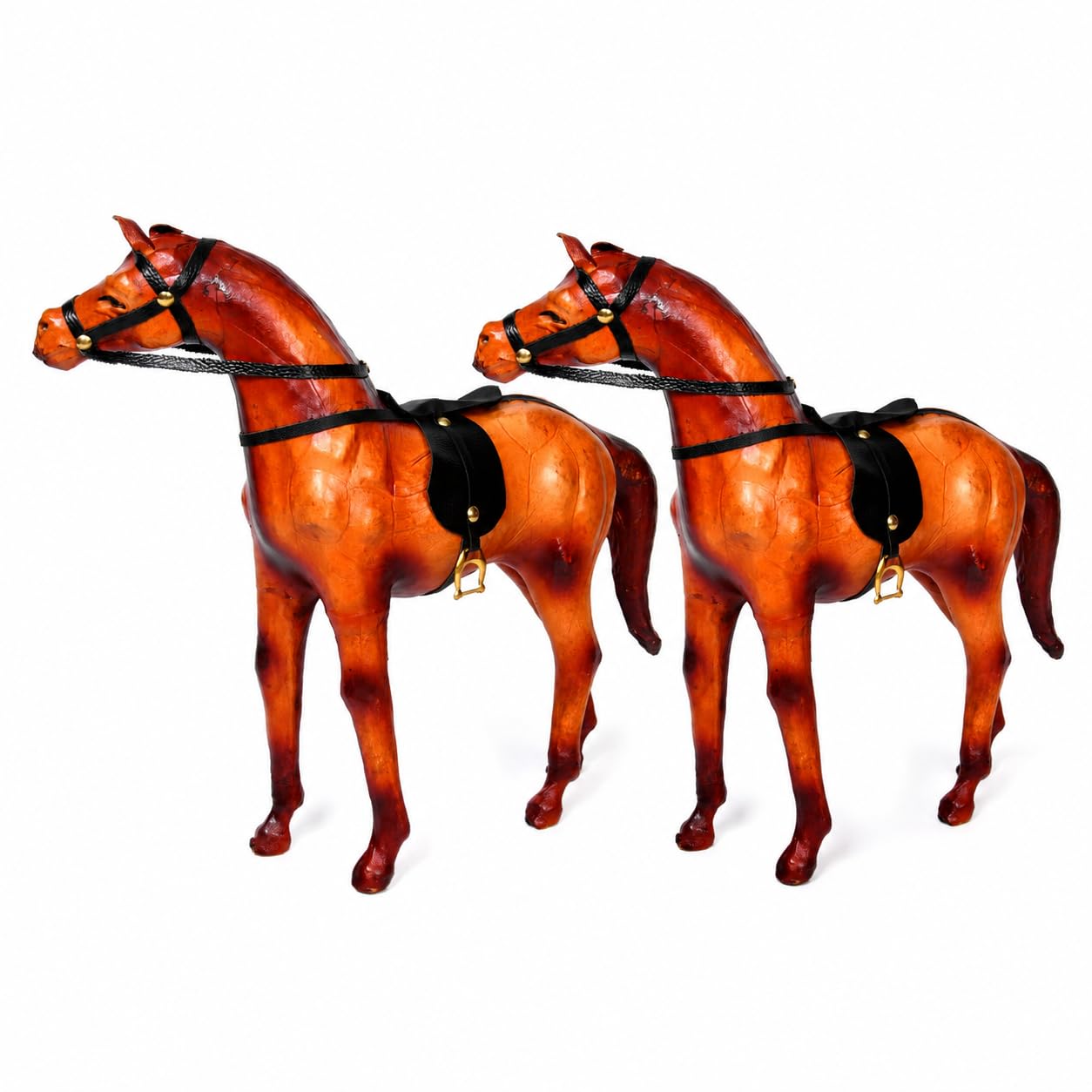 Premium Standing Leather Set of 2 Horses Showpiece – Elegant Home Decor Figurine | Vintage Animal Sculpture for Living Room, Office & Gifting