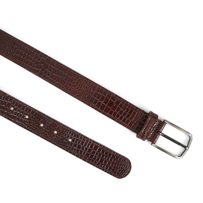 Premium Brown Croc-Textured Leather Belt – Unisex | Classic Metal Buckle |