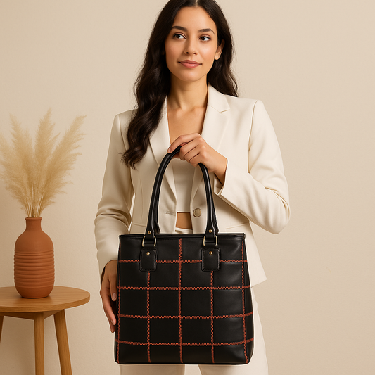 Women’s Black Leather Tote Bag with Orange Stitch Grid and Spacious Interior