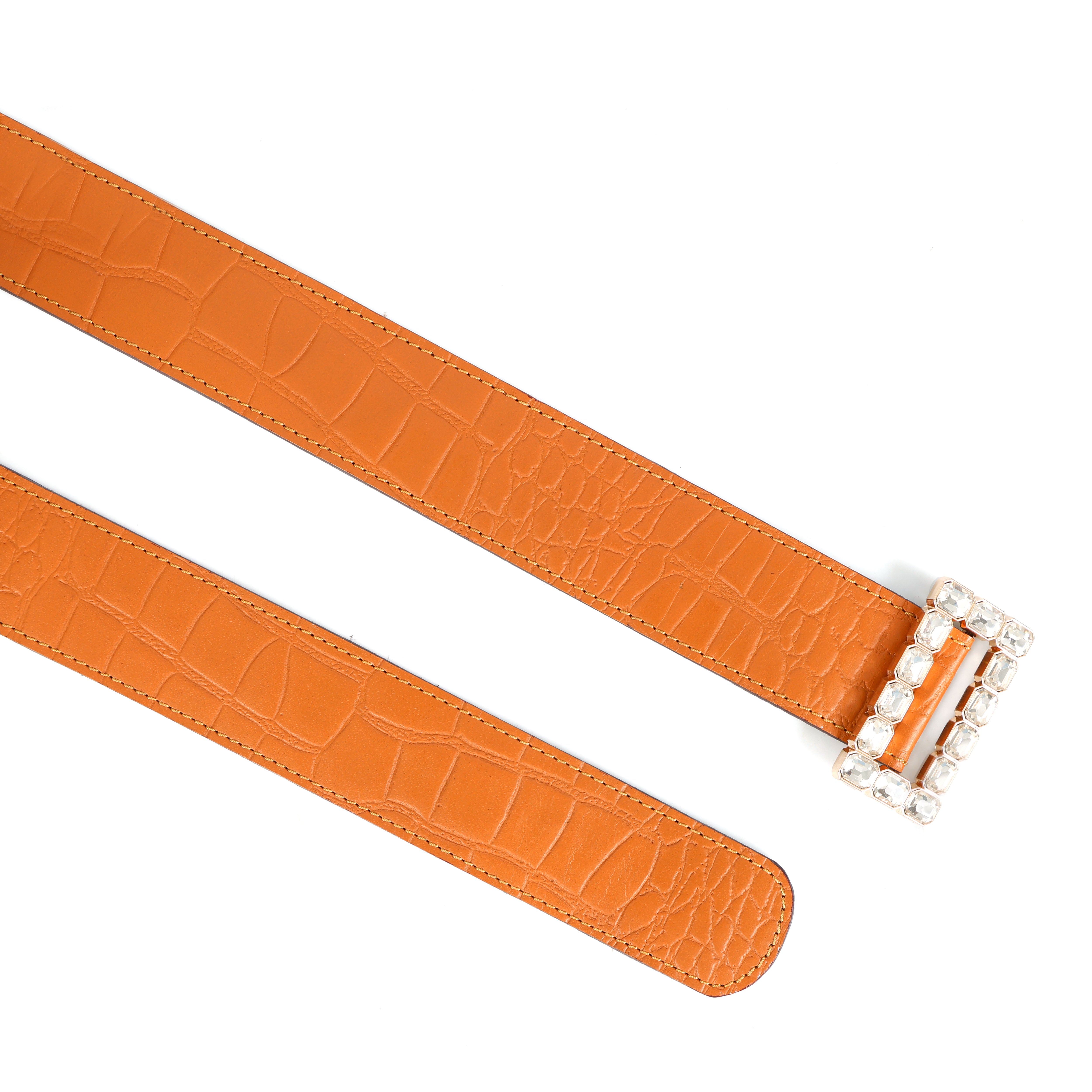 Orange Croc Texture Statement Belt With Crystal Buckle For Women Fashion Wear