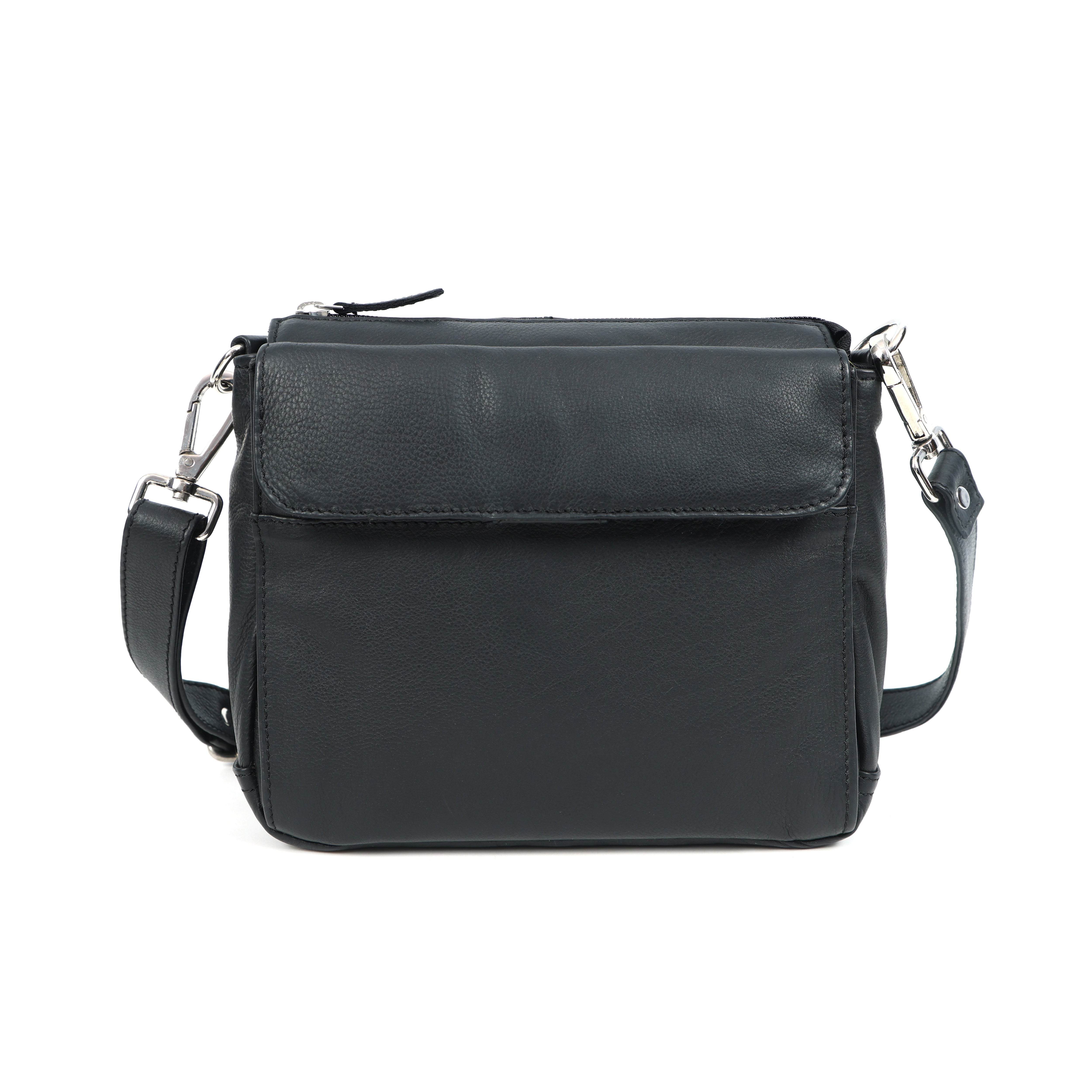 Premium Black Leather Compact Crossbody Bag with Adjustable Strap & Zip Compartments