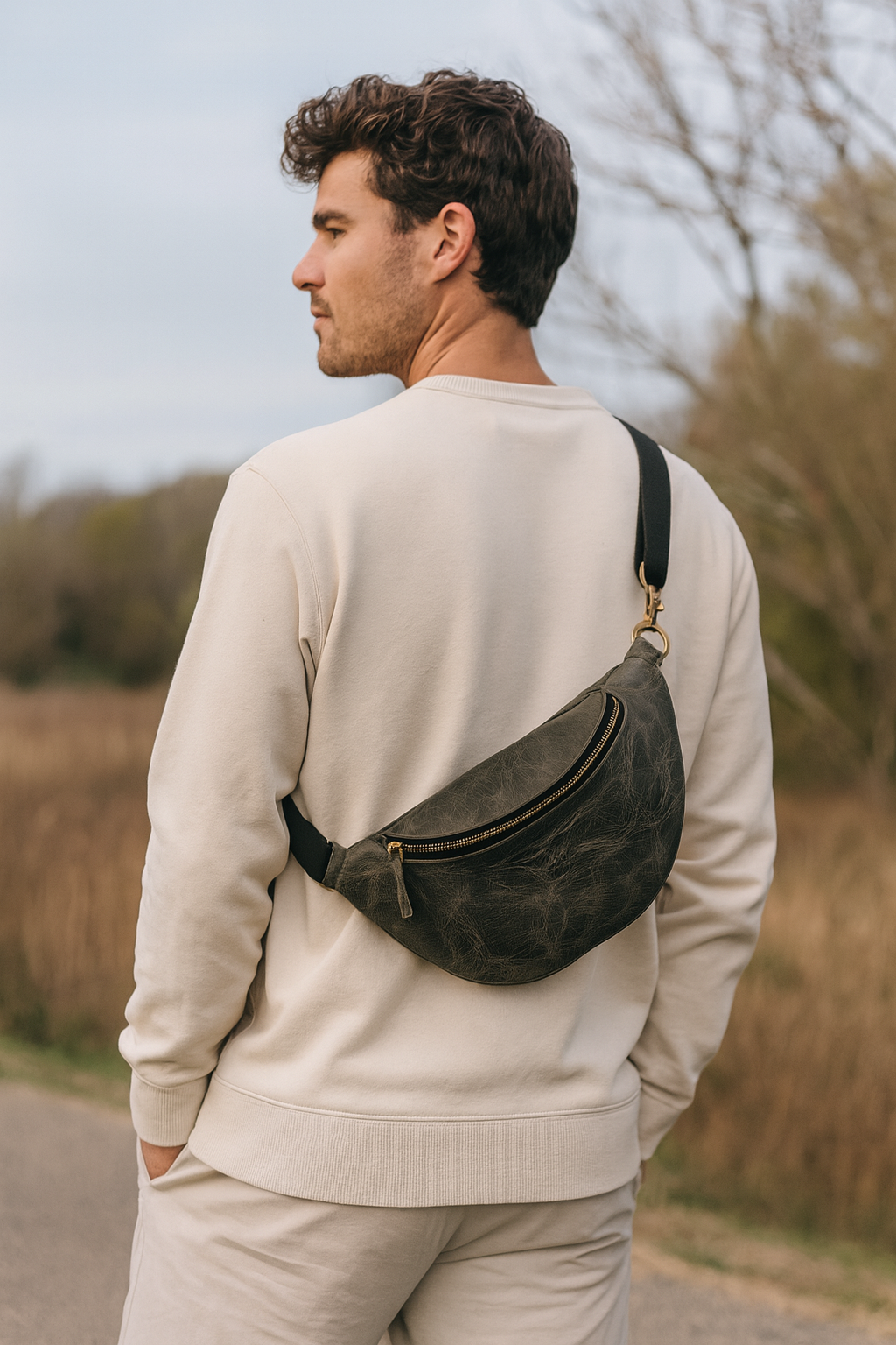 Full-Grain Leather waist bag with Adjustable Strap & Secure Zipper Closure