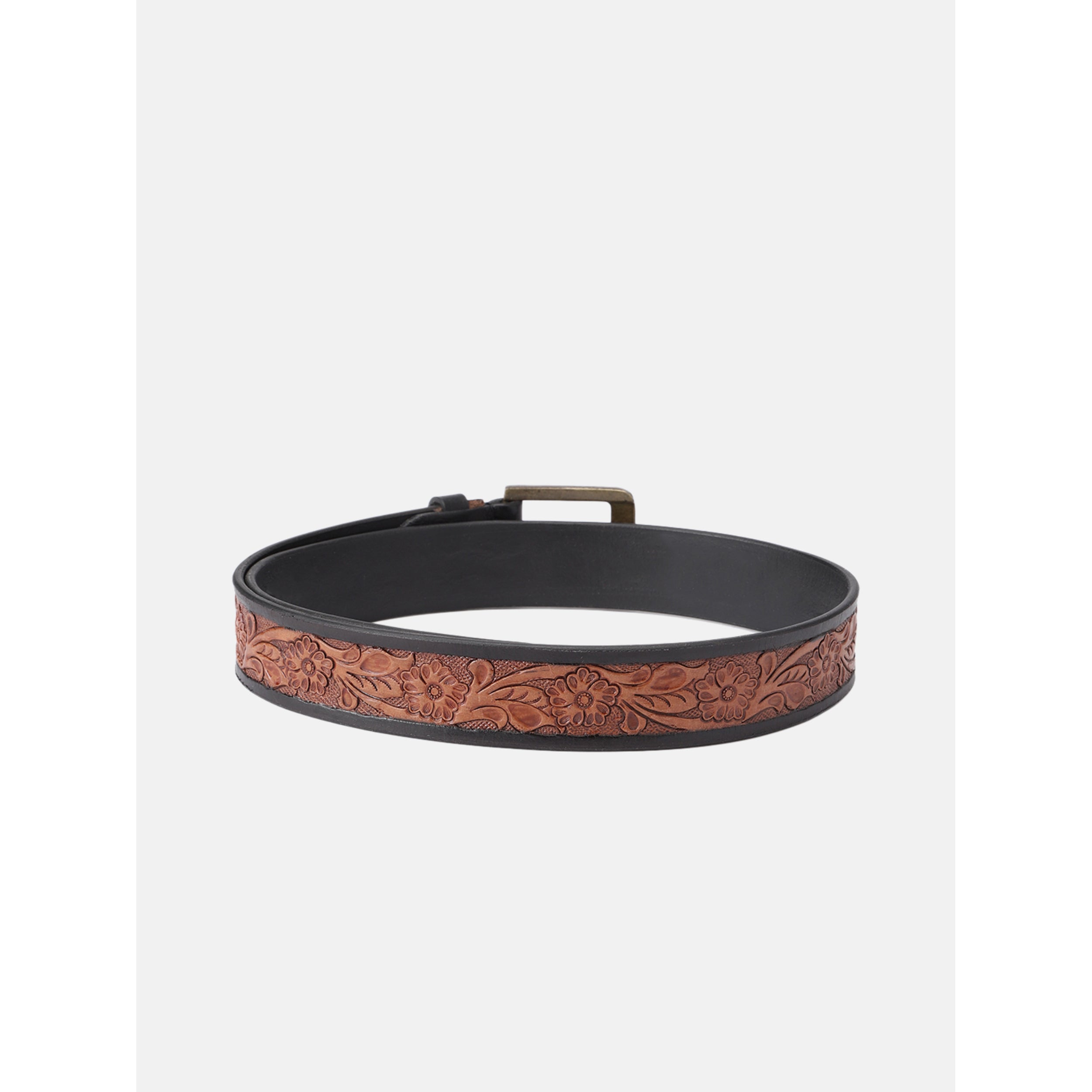 Unisex Genuine Leather Embossed Floral Brown Waist Accessory Antique Metal Buckle