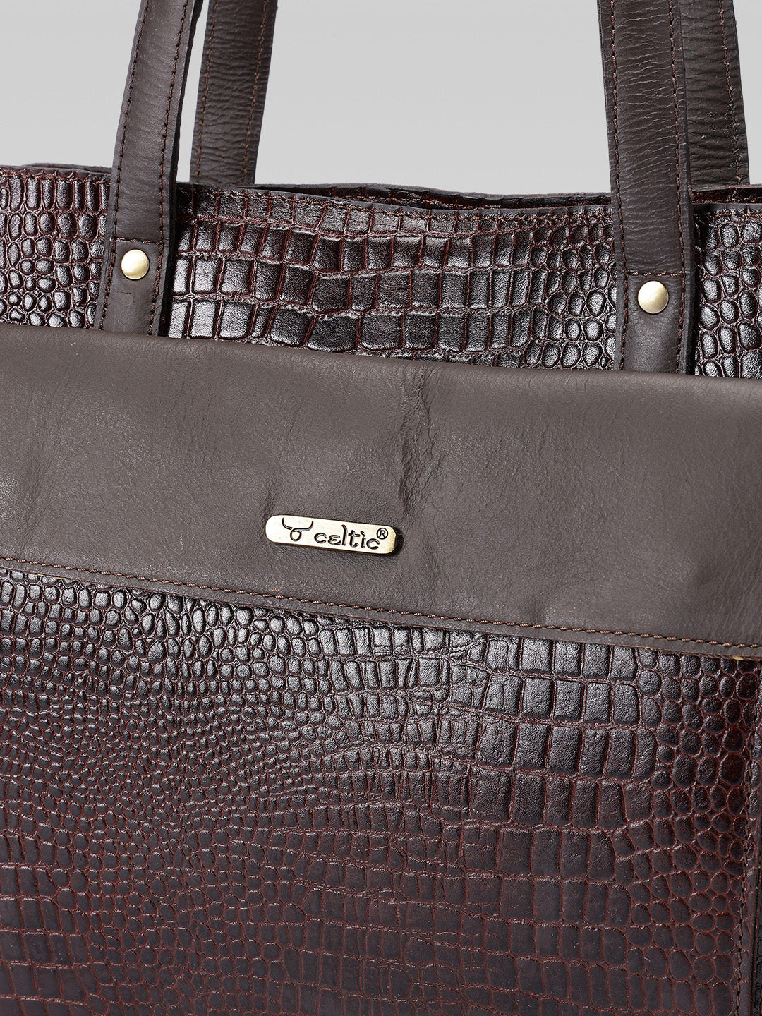 Premium Genuine Croc-Embossed Leather Tote Bag with Zip Compartments & Long Shoulder Straps