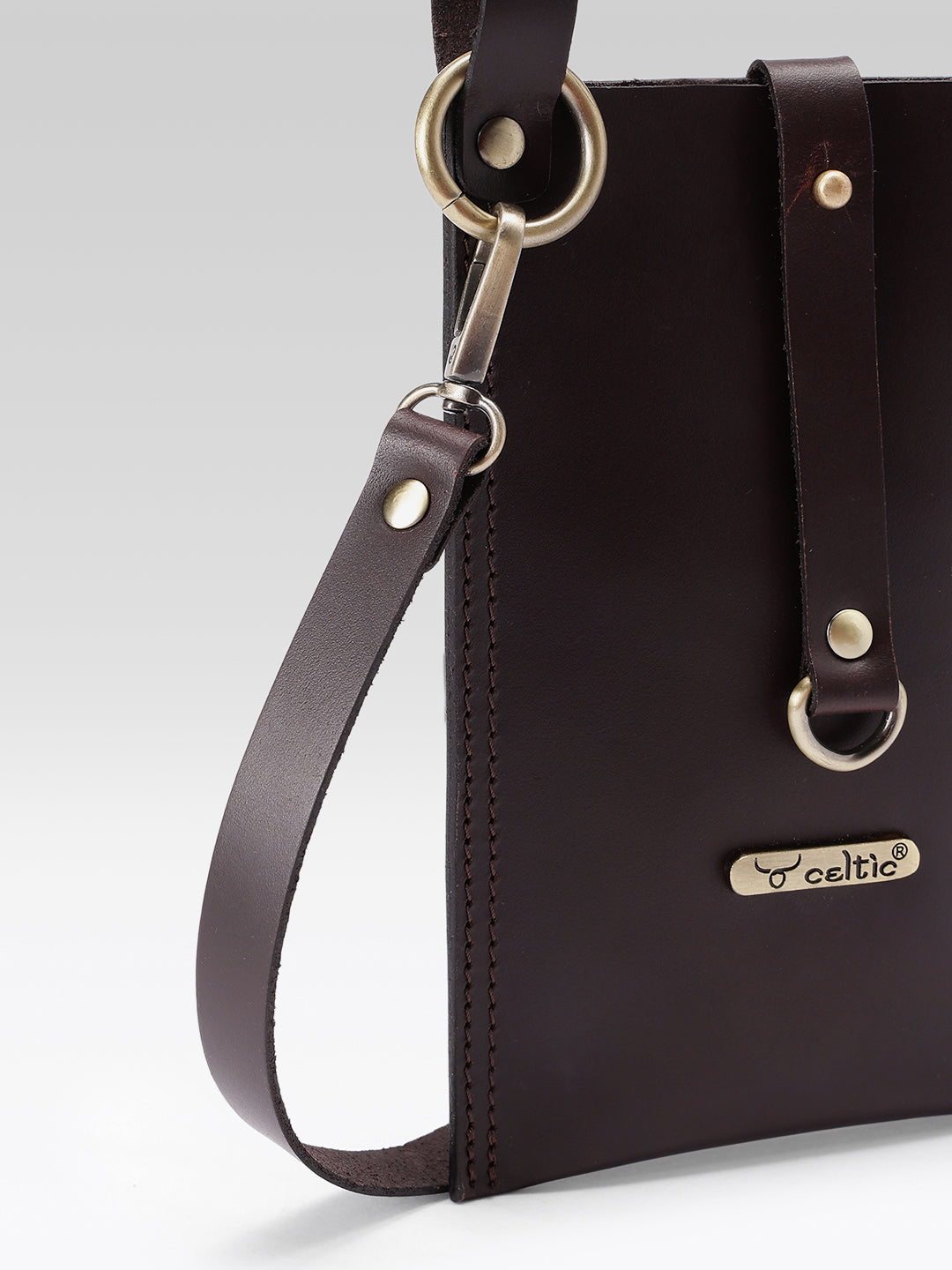 Genuine Leather Crossbody Phone Pouch with Adjustable Strap – Dark Brown