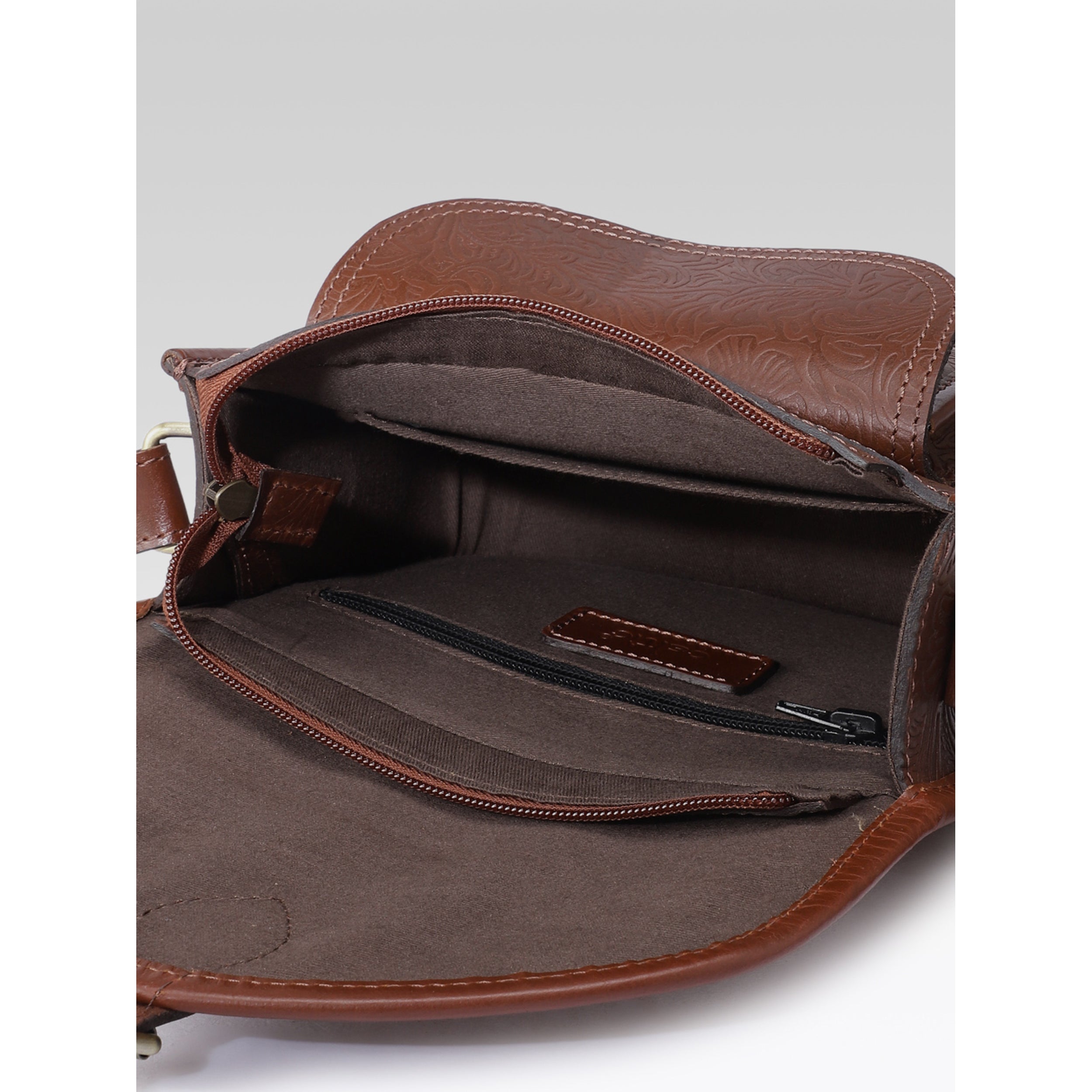 Premium Genuine Embossed Leather Sling Bag with Buckle Flap & Front Pocket