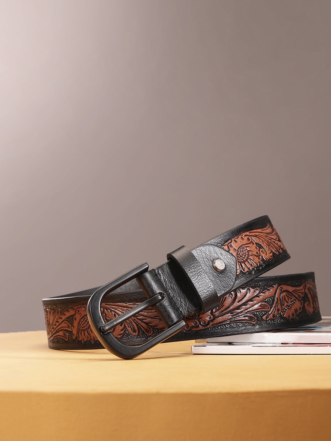 Unisex Handcrafted Floral Tooled Brown Belt With Matte Black Buckle For Everyday Wear