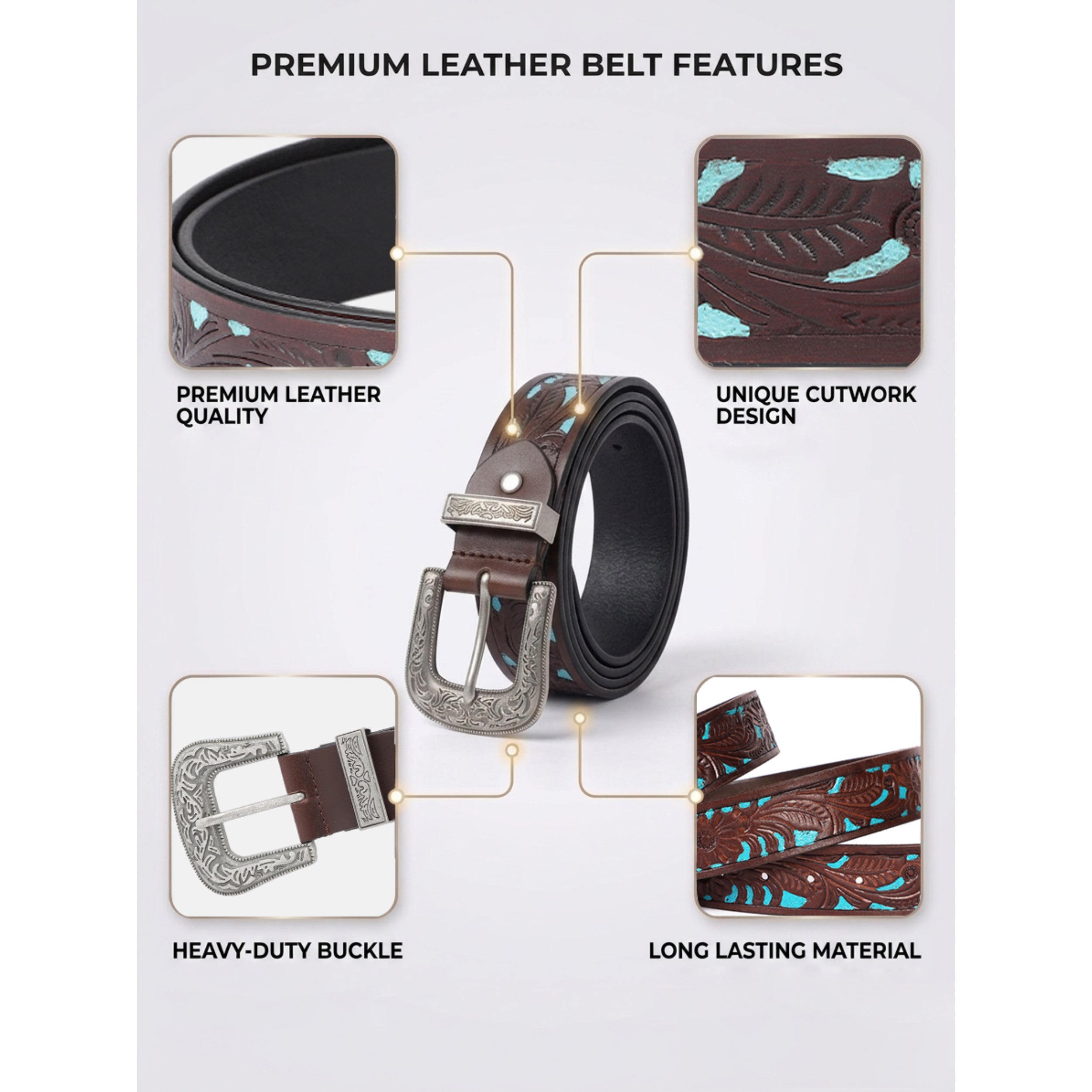 Unisex Genuine Leather Embossed Floral Brown Teal Western Waist Accessory Silver Buckle