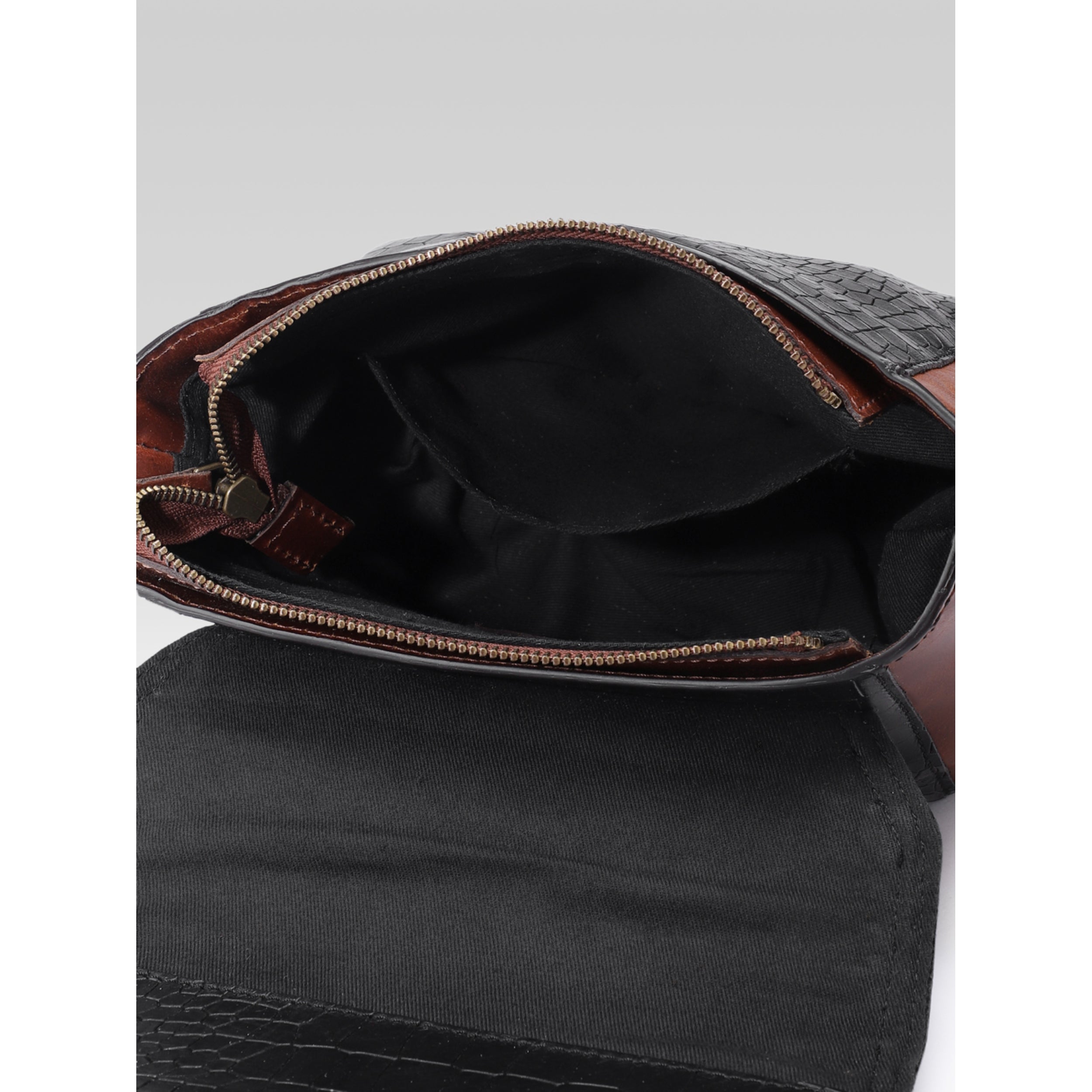 Women Leather Crossbody Sling Bag Black and Brown Croc Texture with Buckle Tab