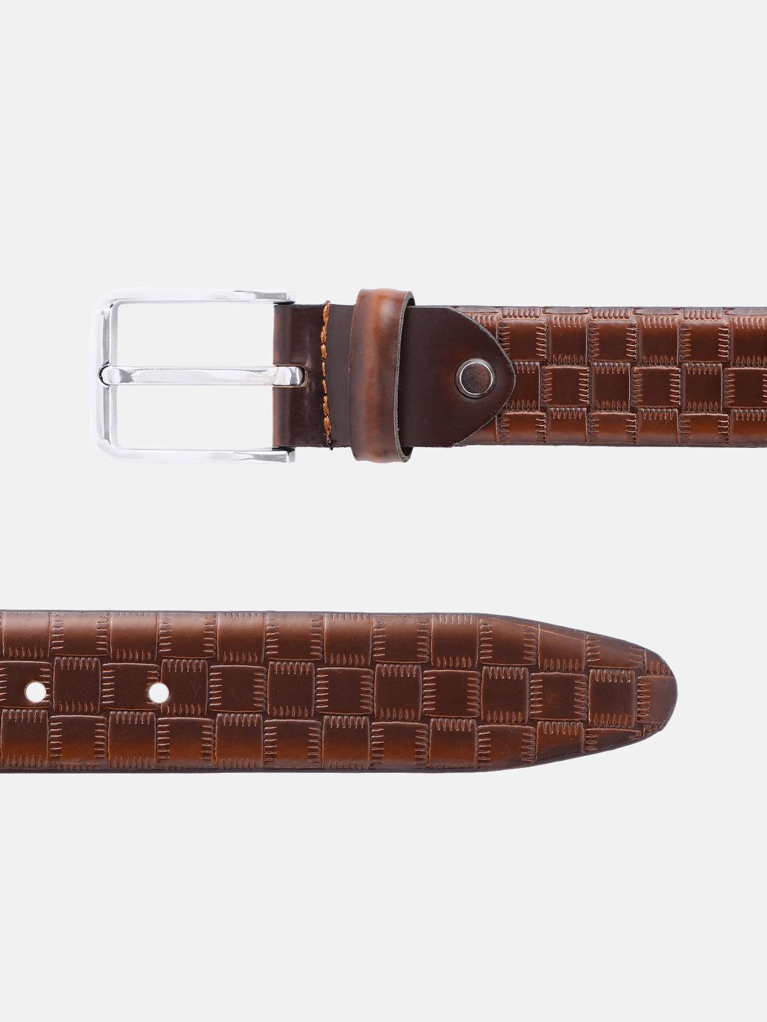 Men Olive Textured Leather Belt With Vertical Stripe Pattern And Classic Metal Buckle
