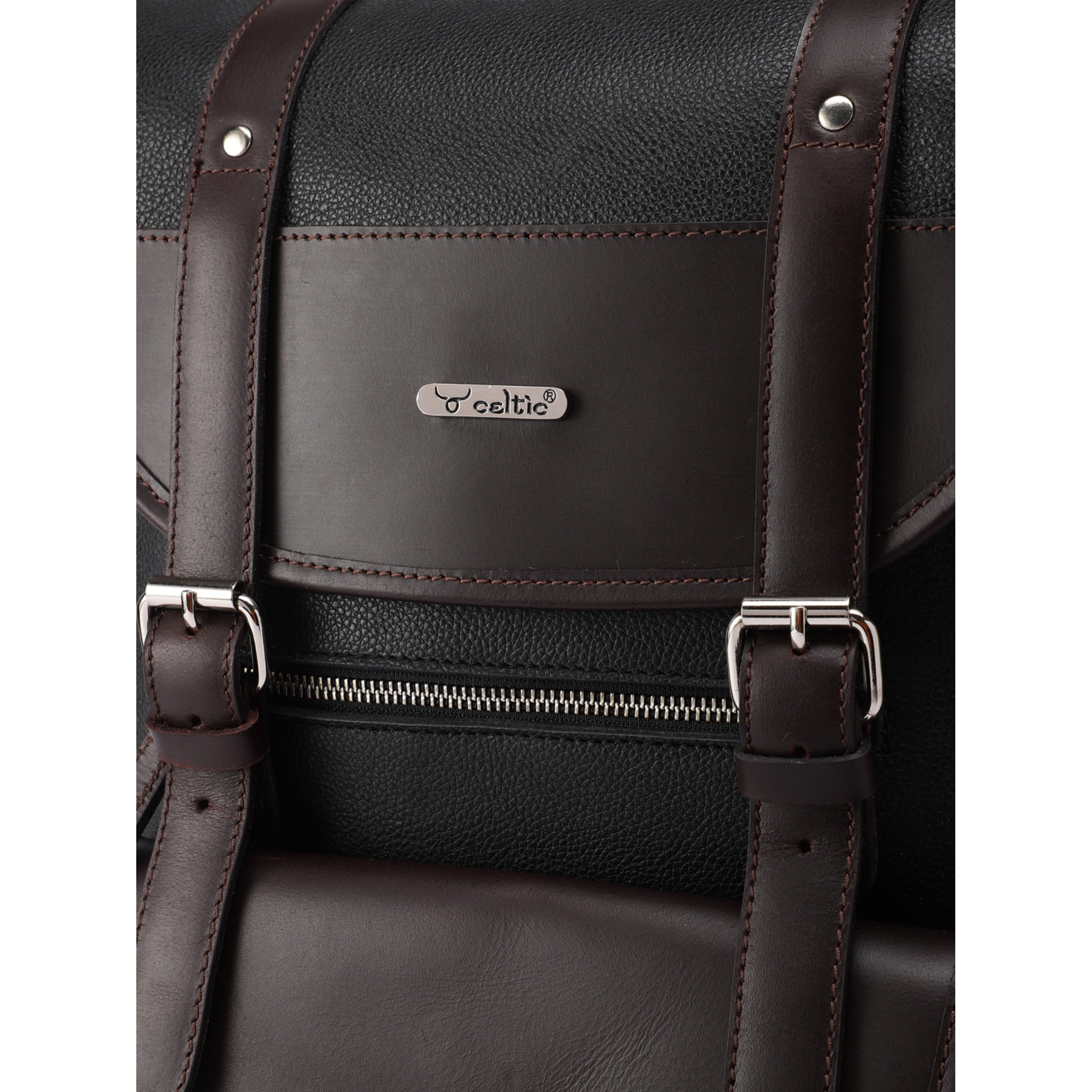 Premium Genuine Leather Laptop Backpack with Dual Buckle Design, Multiple Zip Pockets