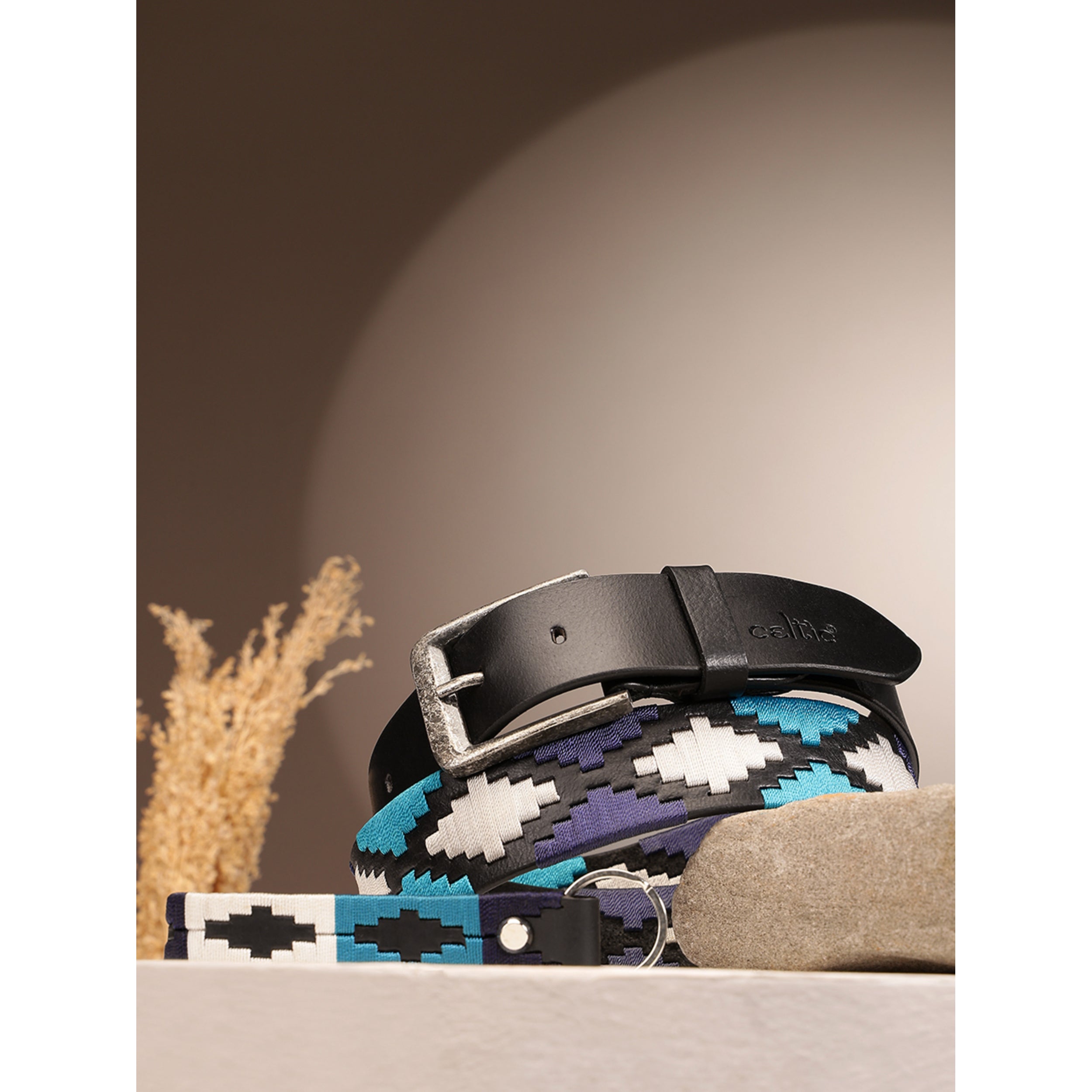 Unisex Handcrafted Leather Belt With Woven Blue White Pattern And Antique Silver Buckle