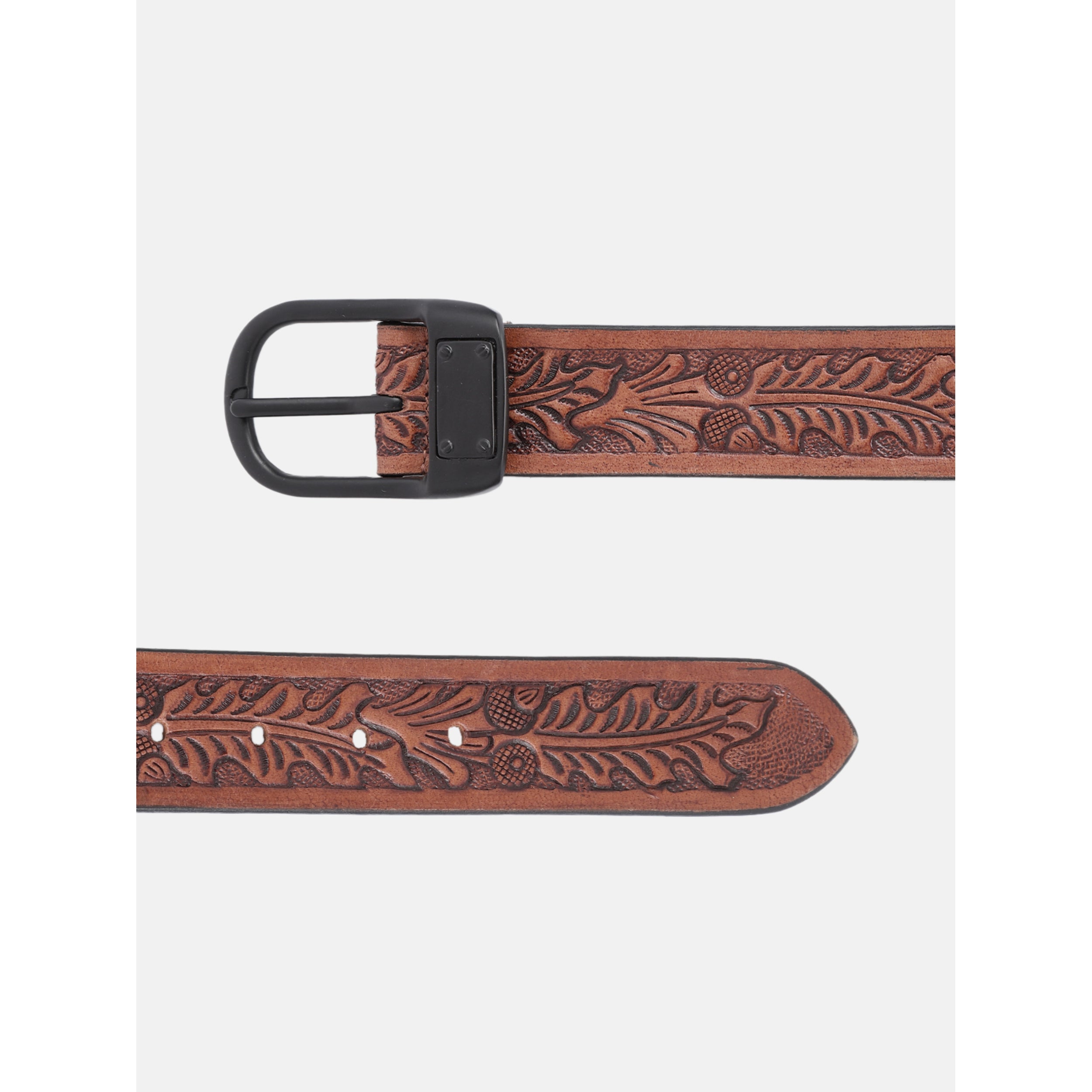 Premium Genuine Leather Embossed Brown Western Waist Accessory Matte Black Buckle