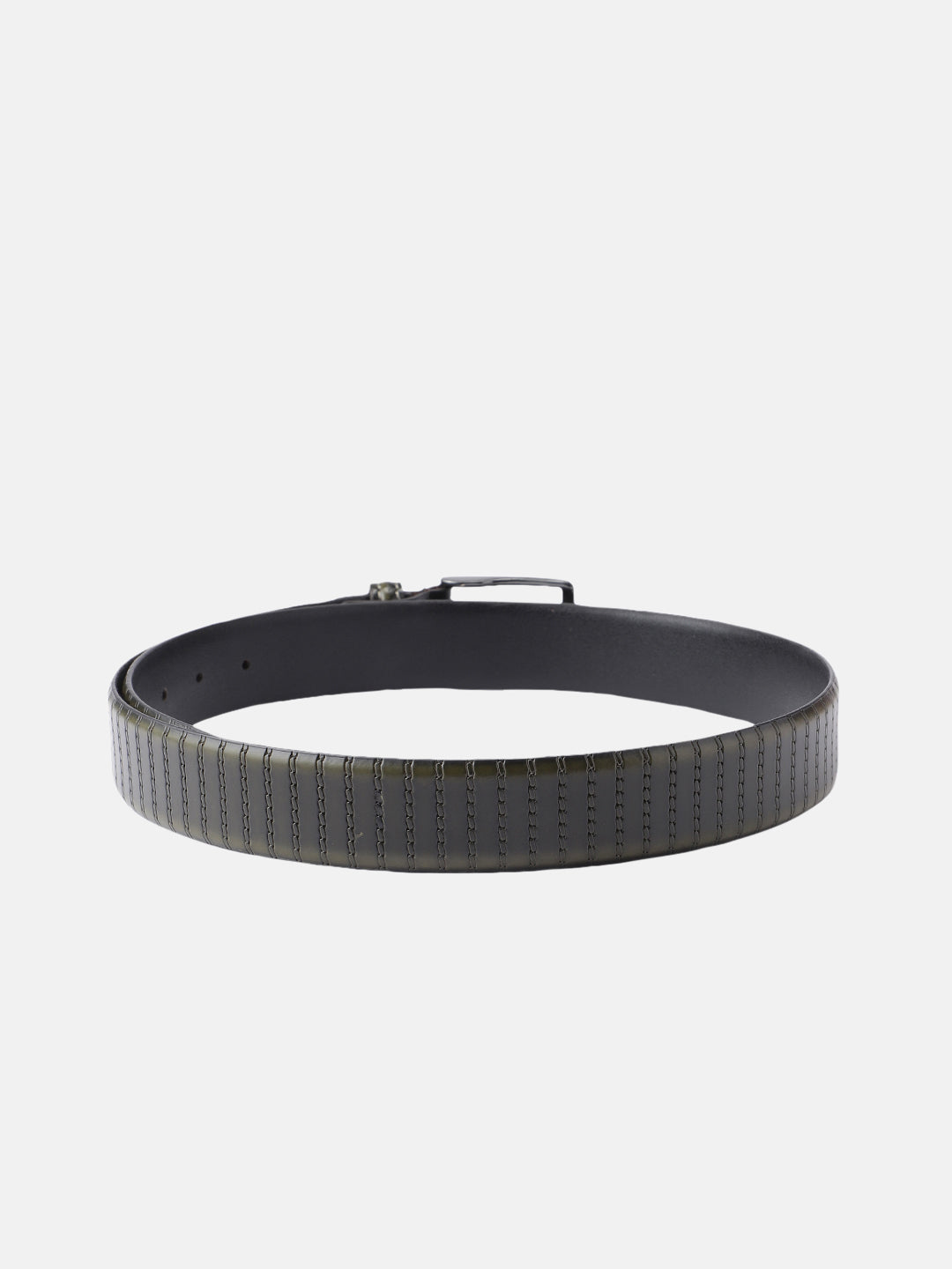 Men Olive Textured Leather Belt With Vertical Stripe Pattern And Classic Metal Buckle