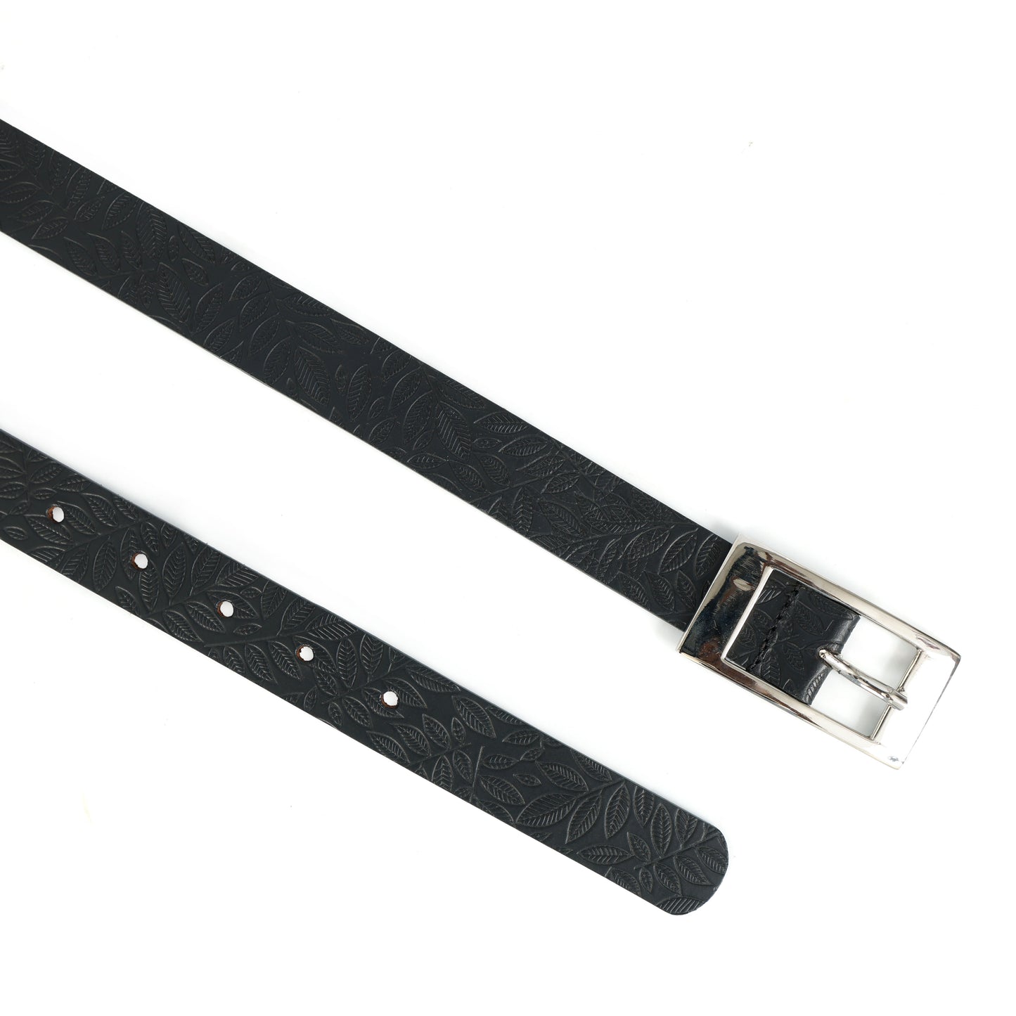 Unisex Black Embossed Leather Belt with Sleek Silver Buckle – Leaf Pattern Design
