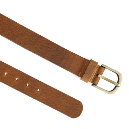 Unisex Tan-Brown Leather Belt with Solid Brass-Finish Buckle