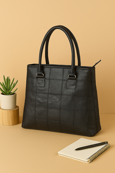 Women Black Leather Tote Bag with Patchwork Design and Spacious Interior