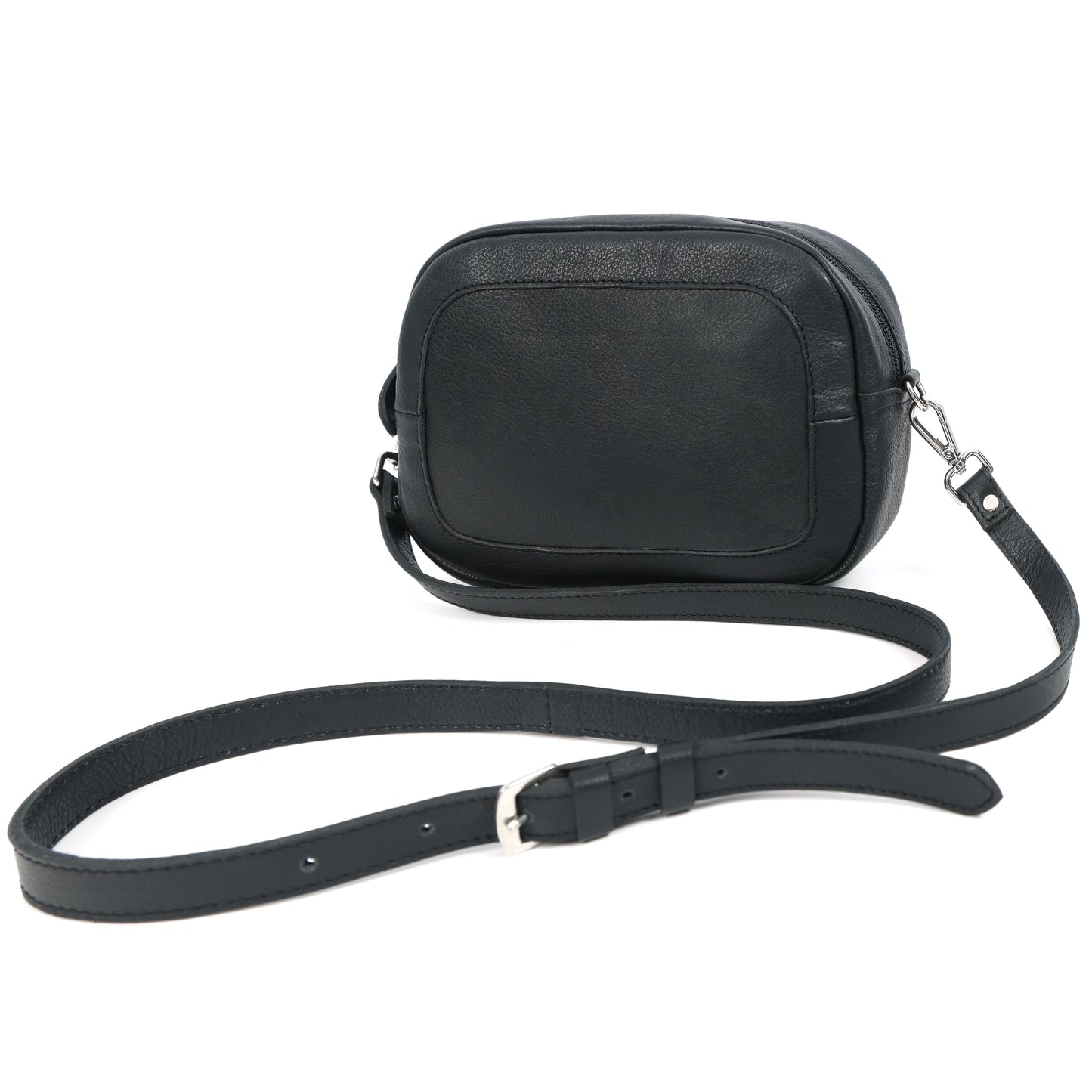 Premium Black Leather Compact Crossbody Bag with Adjustable Strap & Zip Compartments