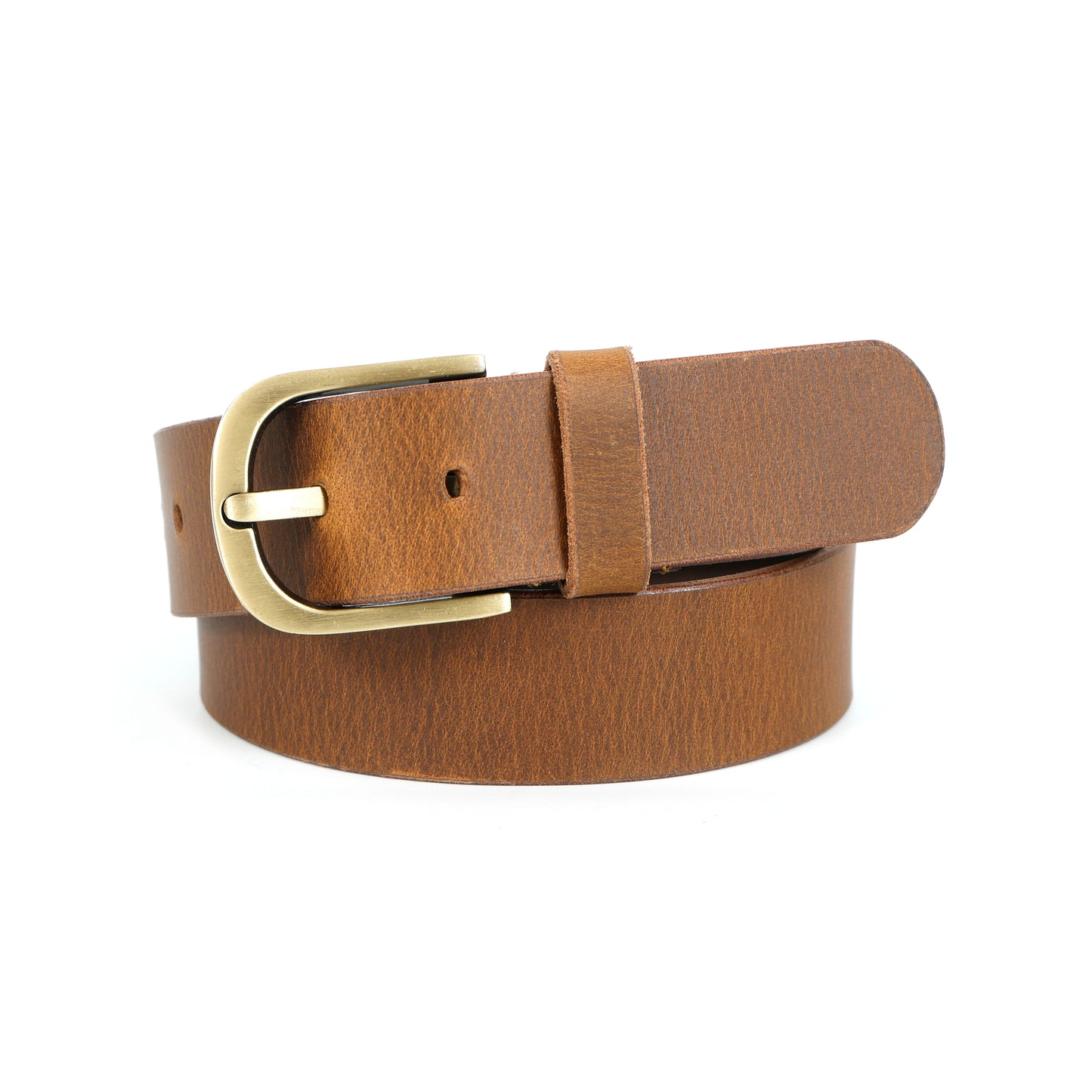 Unisex Tan-Brown Leather Belt with Solid Brass-Finish Buckle
