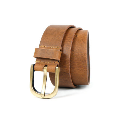 Unisex Tan-Brown Leather Belt with Solid Brass-Finish Buckle