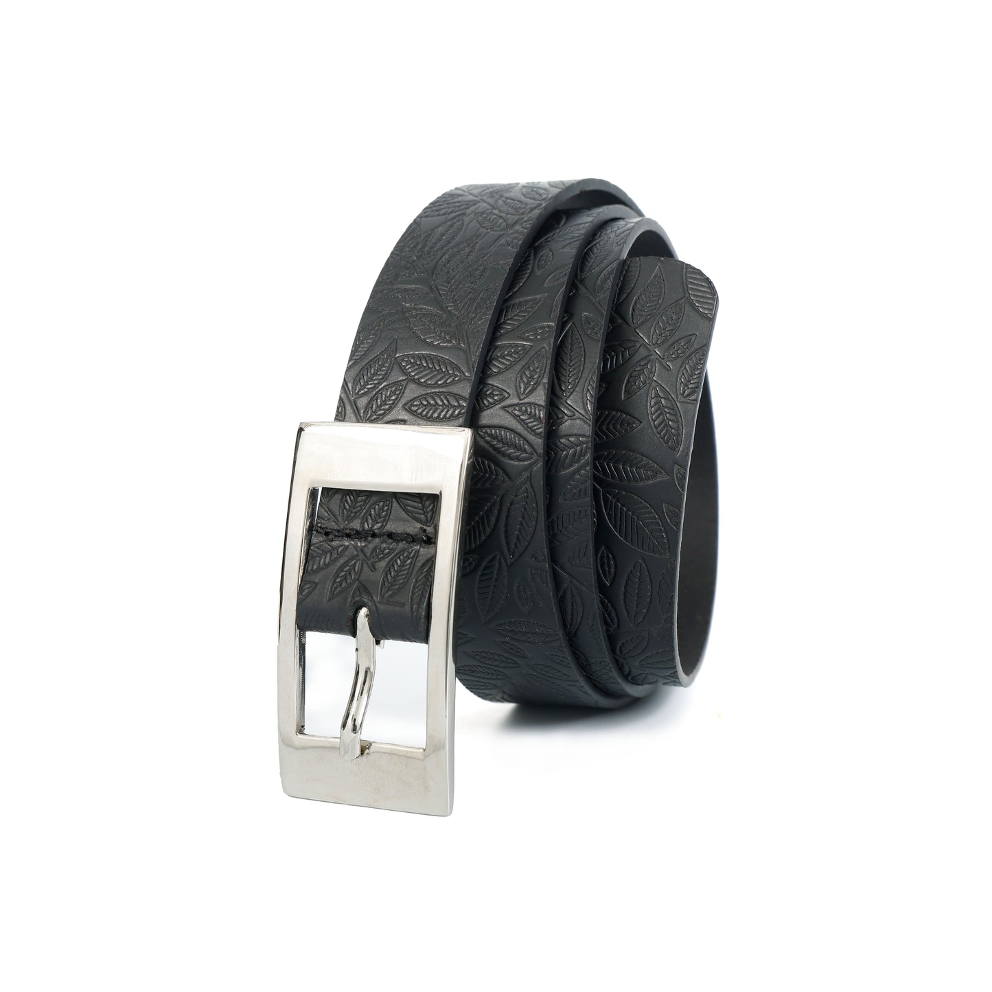 Unisex Black Embossed Leather Belt with Sleek Silver Buckle – Leaf Pattern Design