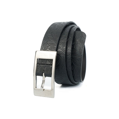 Unisex Black Embossed Leather Belt with Sleek Silver Buckle – Leaf Pattern Design