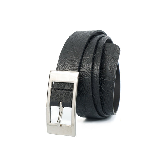 Unisex Black Embossed Leather Belt with Sleek Silver Buckle – Leaf Pattern Design