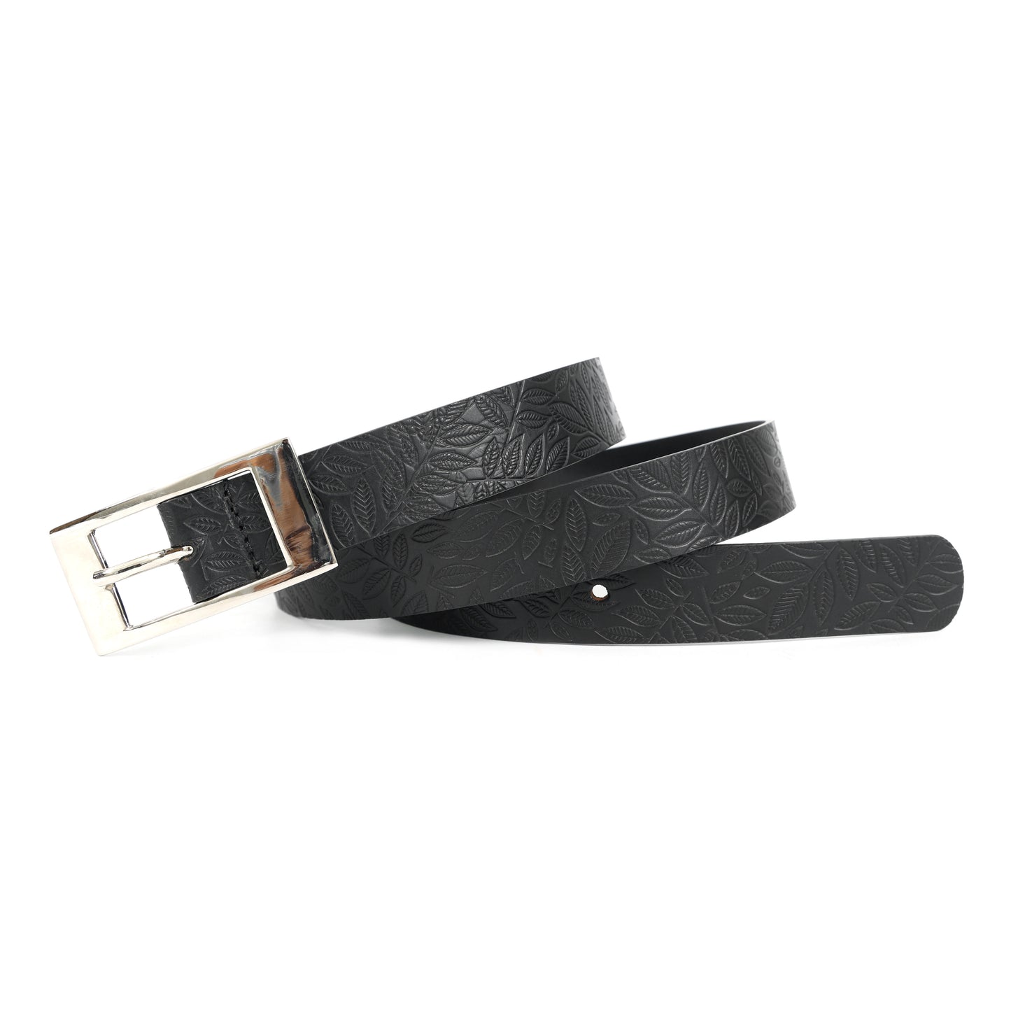Unisex Black Embossed Leather Belt with Sleek Silver Buckle – Leaf Pattern Design