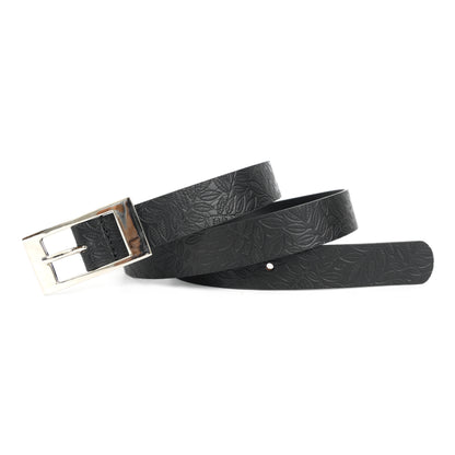 Unisex Black Embossed Leather Belt with Sleek Silver Buckle – Leaf Pattern Design