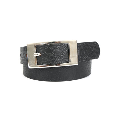 Unisex Black Embossed Leather Belt with Sleek Silver Buckle – Leaf Pattern Design