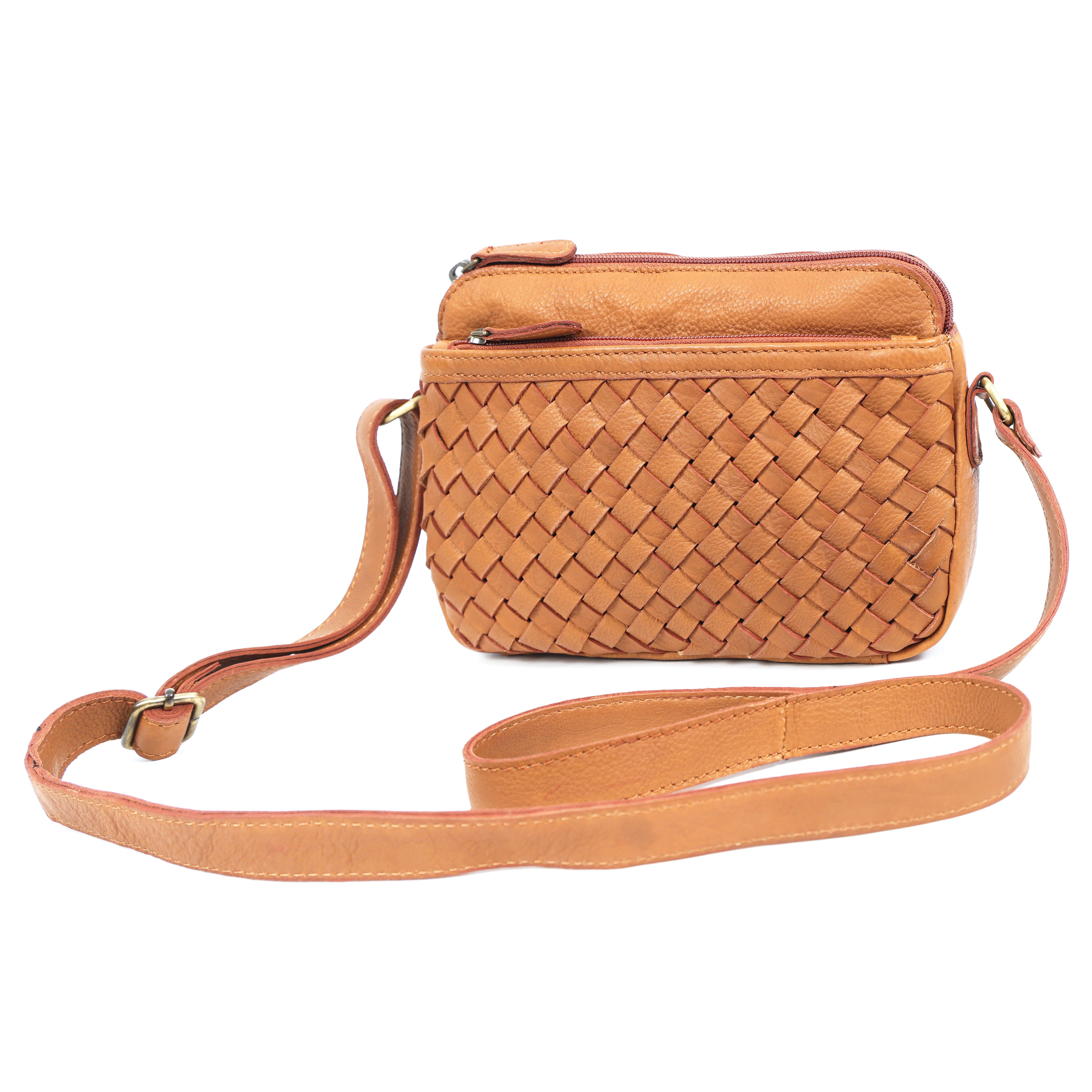 Premium Handwoven Leather Crossbody Bag with Adjustable Strap & Zip Compartments