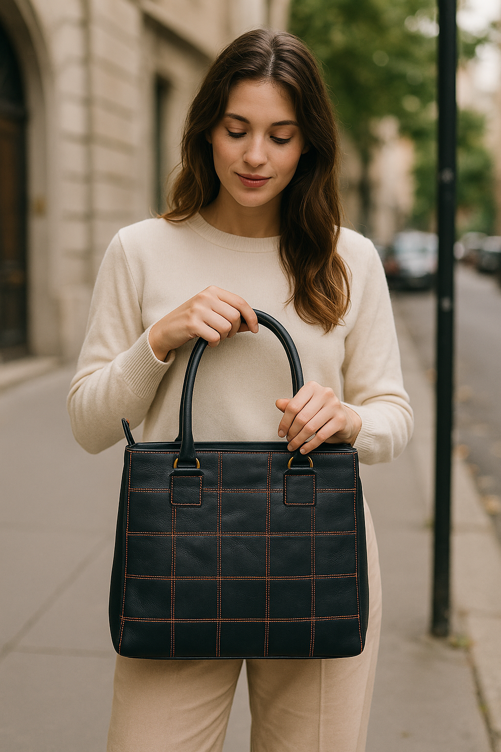 Premium Women Black Leather Tote Bag with Red Stitch Grid and Spacious Interior