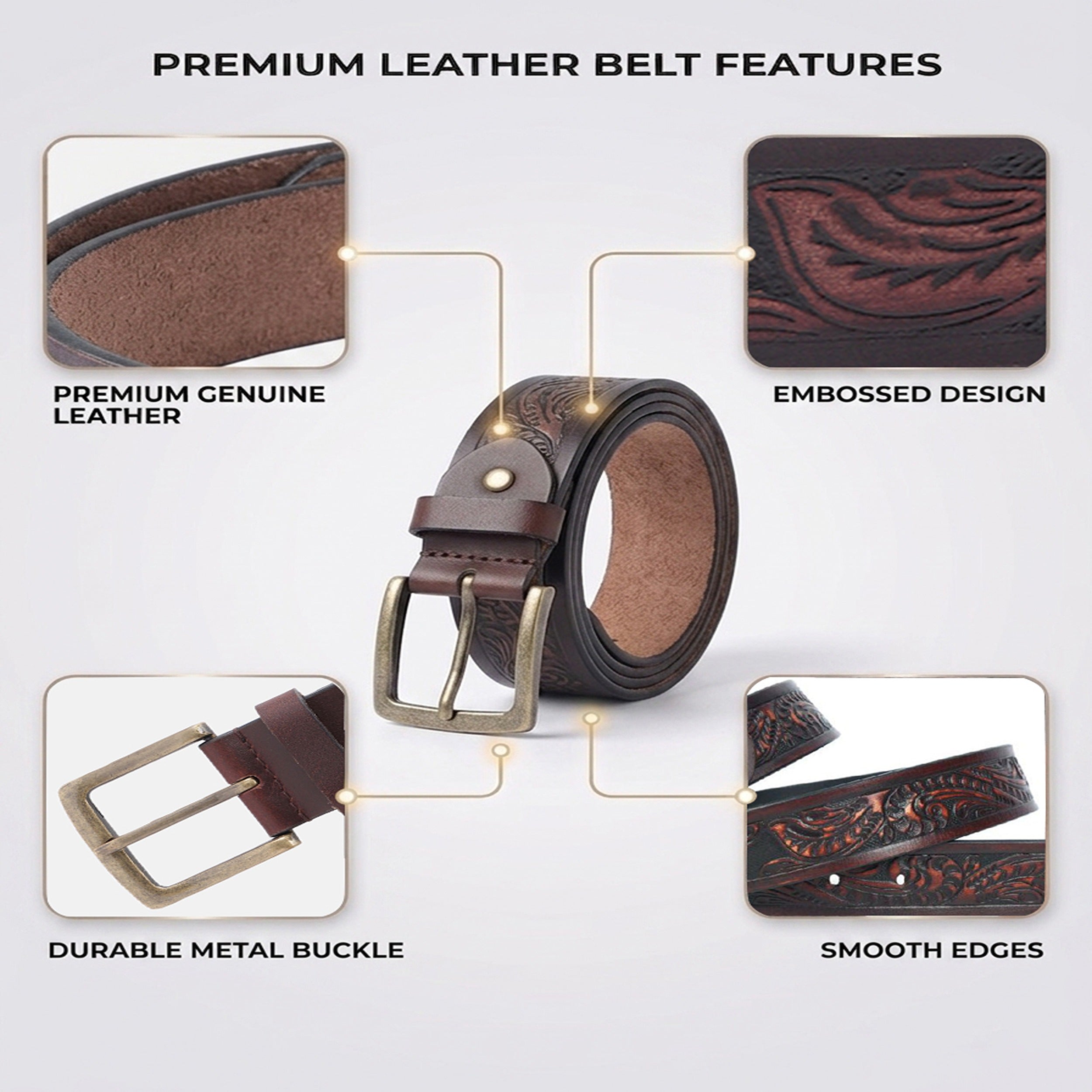 Unisex Handcrafted Embossed Leather Belt Vintage Floral Design Solid Buckle Stylish Wear