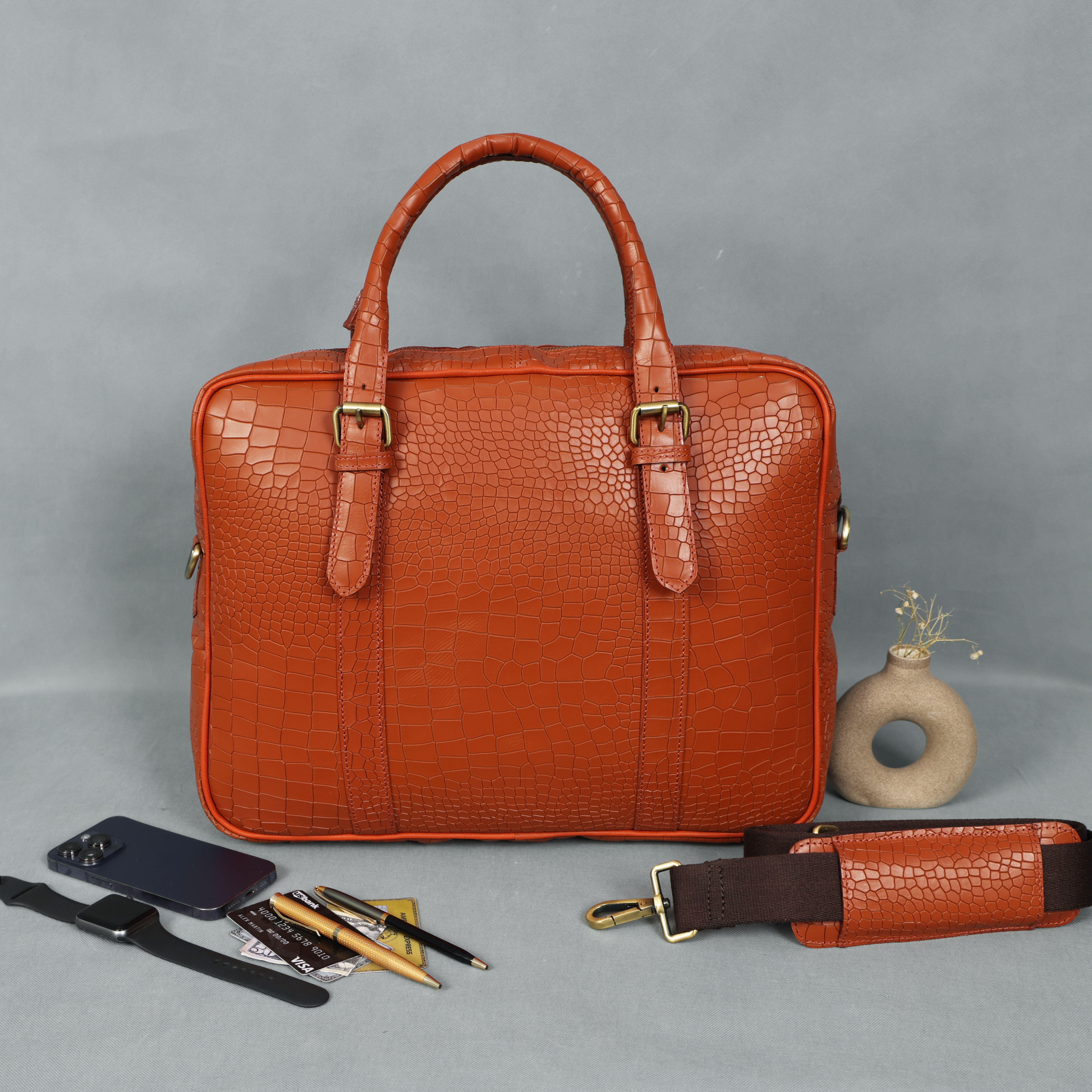  croco texture pure leather laptop bag for office use with holdall and shoulder strap,  Art: BG-1701